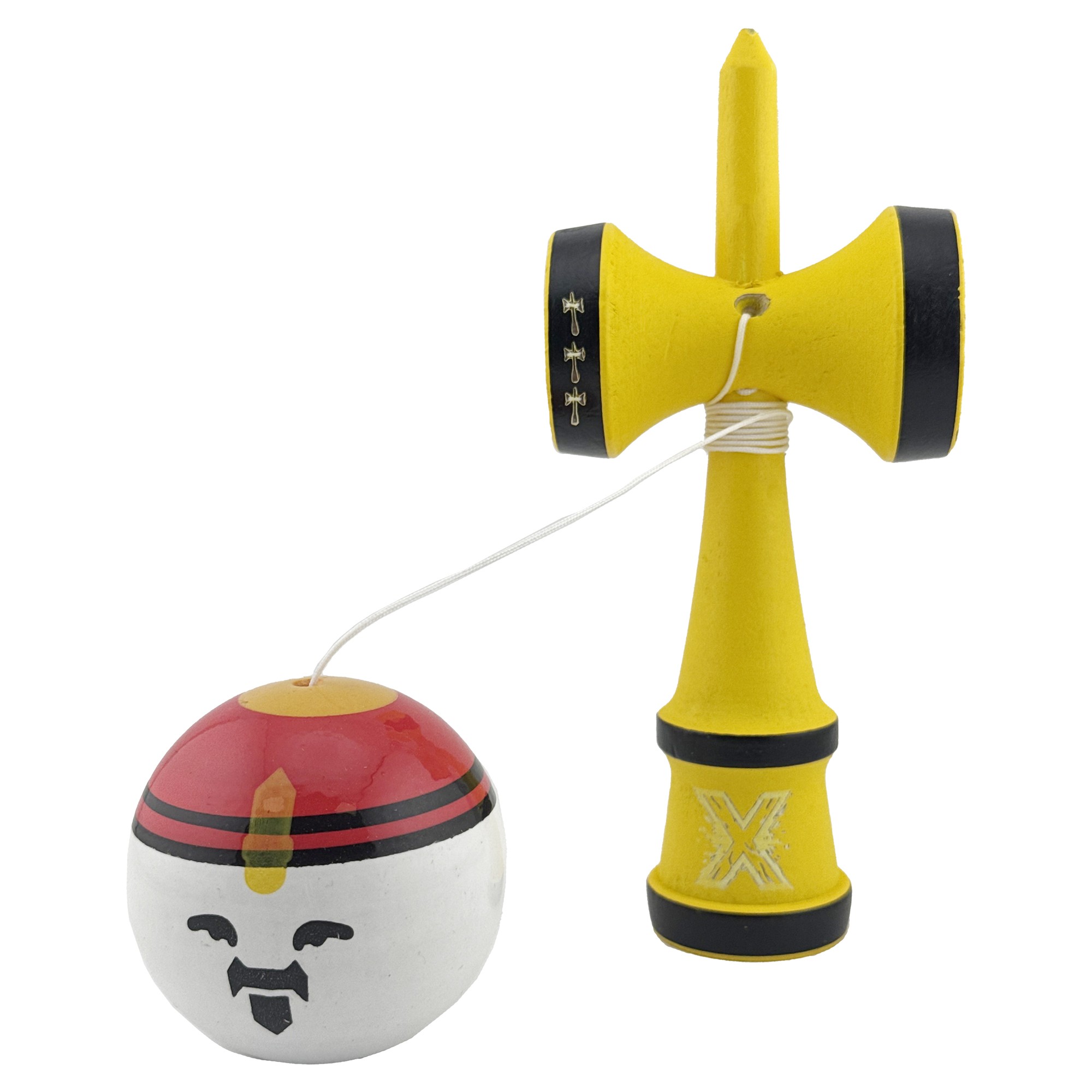 Kendama X Originala, Profesionala, Flippy, Big Cups V2, Model Rege Super Sticky Legendary Cupe Mari, Rulment Metalic cu Ata 55 cm, Maner Galben