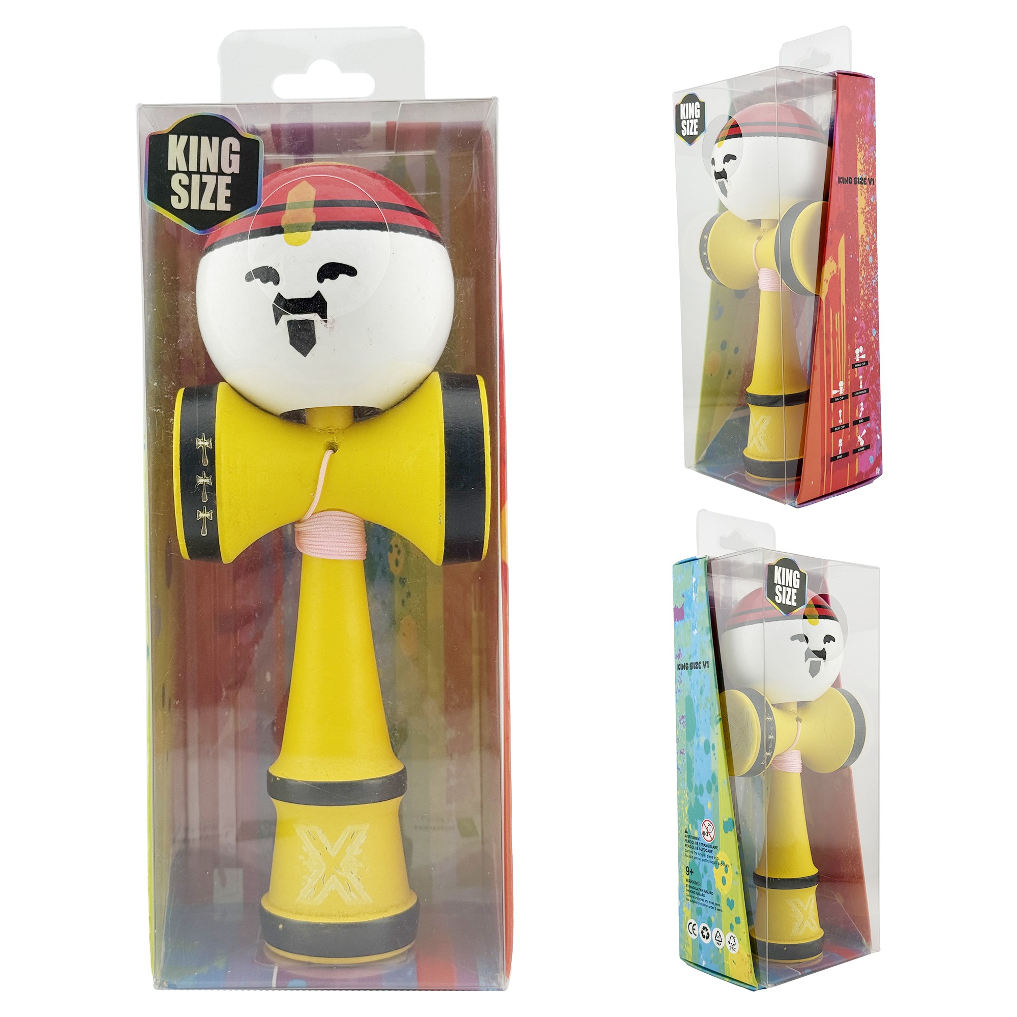 Kendama X Originala, Profesionala, Flippy, Big Cups V2, Model Rege Super Sticky Legendary Cupe Mari, Rulment Metalic cu Ata 55 cm, Maner Galben