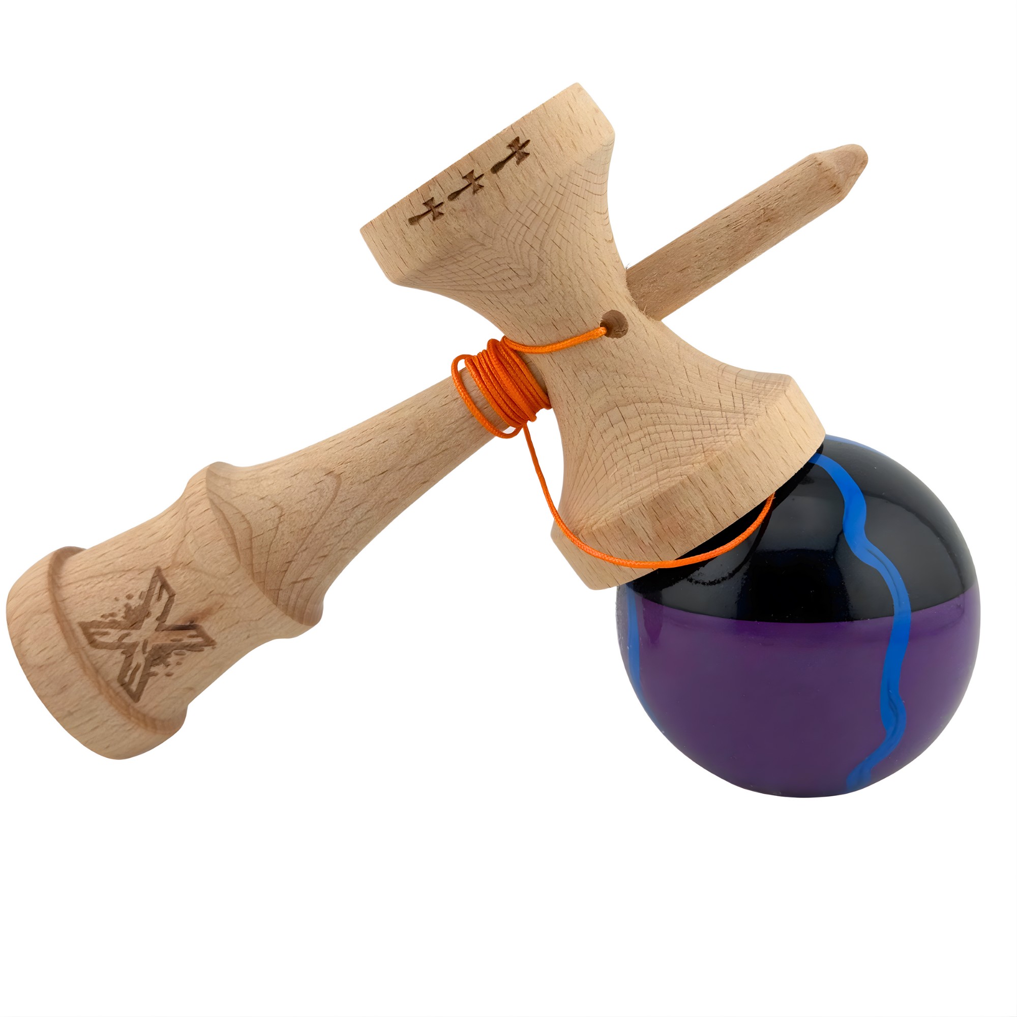 Kendama X Originala, Profesionala, Flippy, Big Cups V2, Super Sticky Cupe Mari, Rulment Metalic cu Ata 55 cm, Negru Mov cu Linii