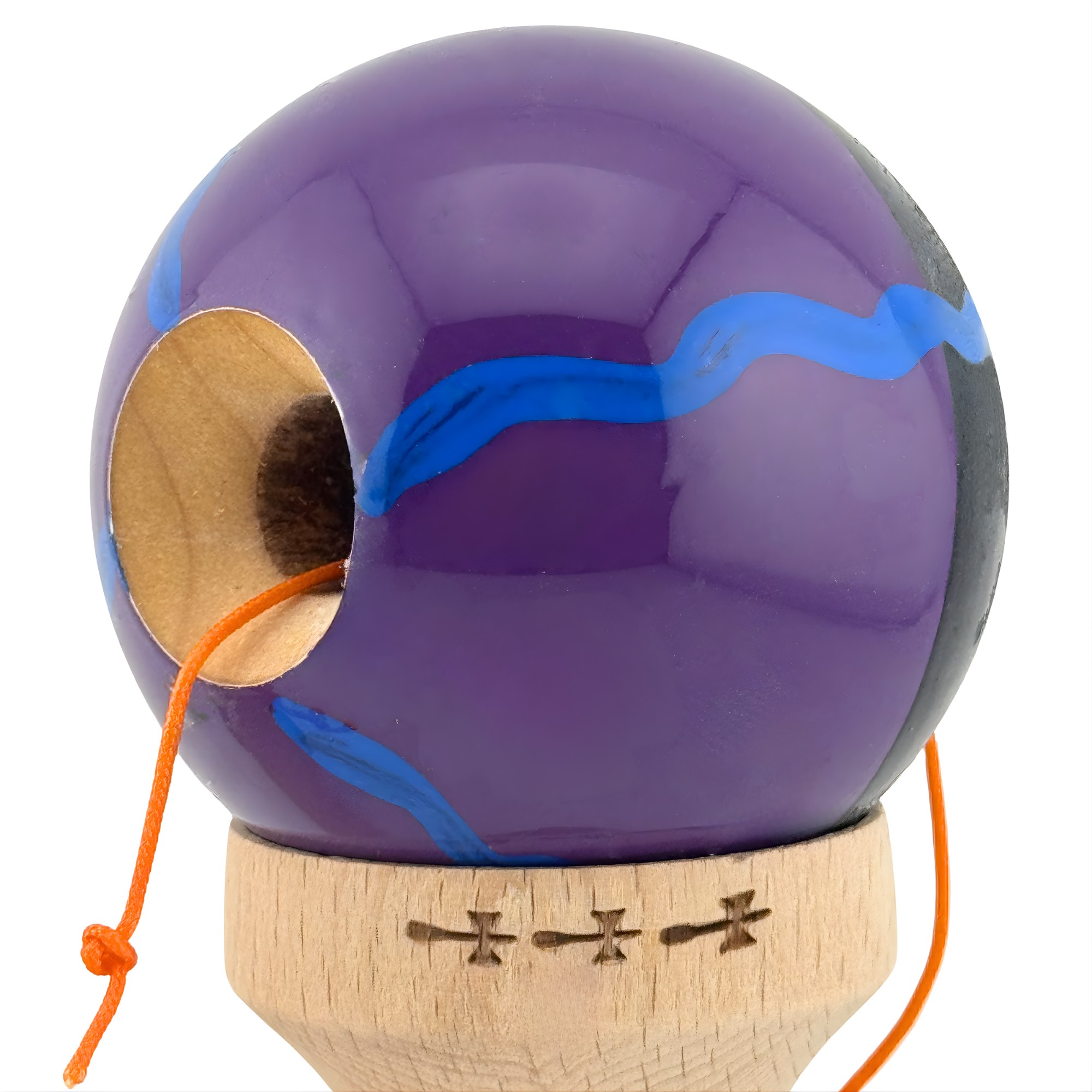 Kendama X Originala, Profesionala, Flippy, Big Cups V2, Super Sticky Cupe Mari, Rulment Metalic cu Ata 55 cm, Negru Mov cu Linii