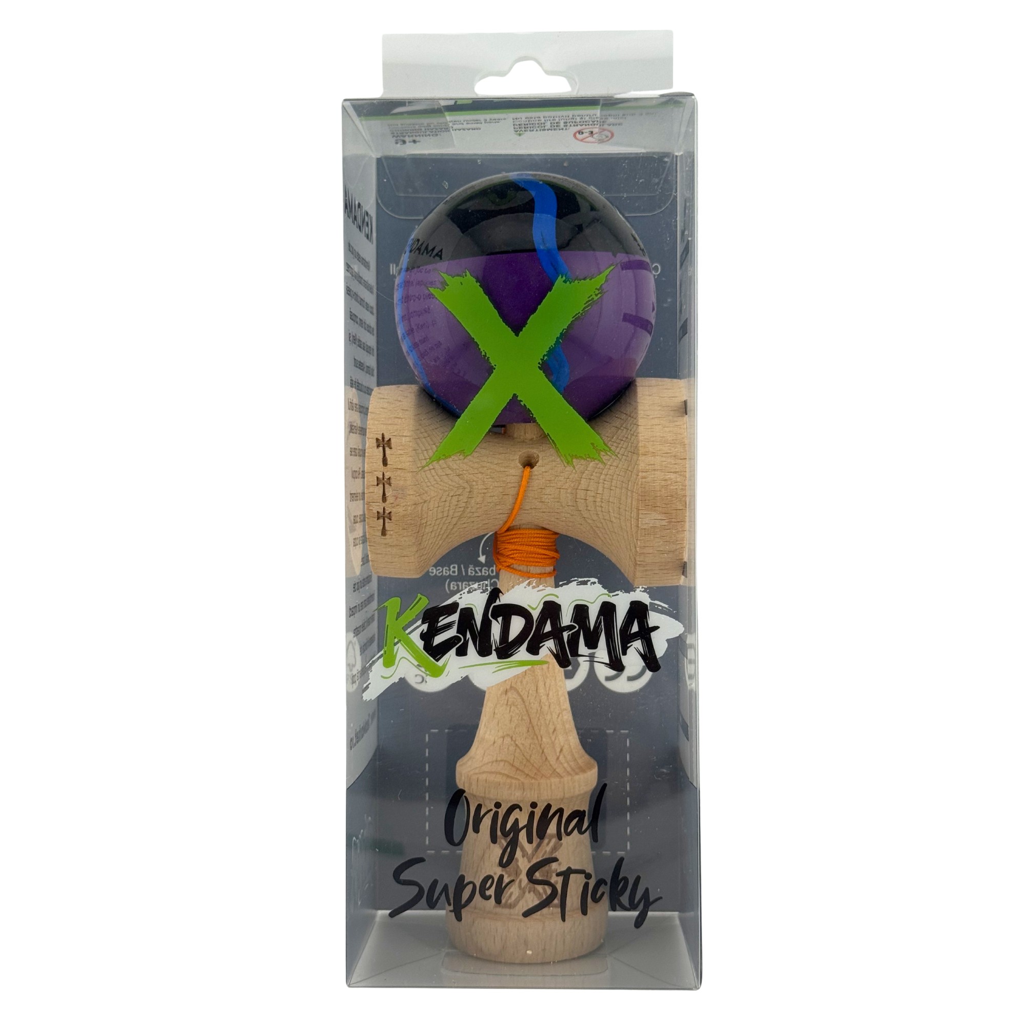 Kendama X Originala, Profesionala, Flippy, Big Cups V2, Super Sticky Cupe Mari, Rulment Metalic cu Ata 55 cm, Negru Mov cu Linii