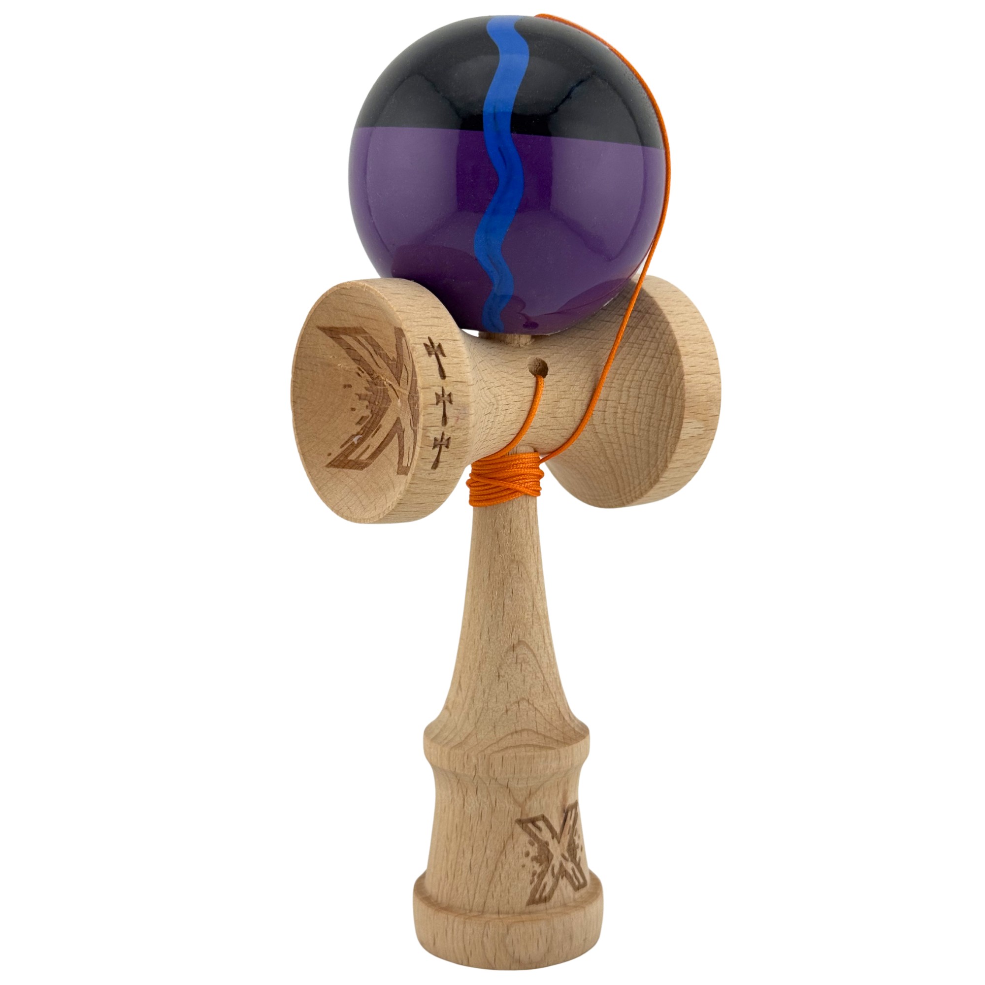 Kendama X Originala, Profesionala, Flippy, Big Cups V2, Super Sticky Cupe Mari, Rulment Metalic cu Ata 55 cm, Negru Mov cu Linii
