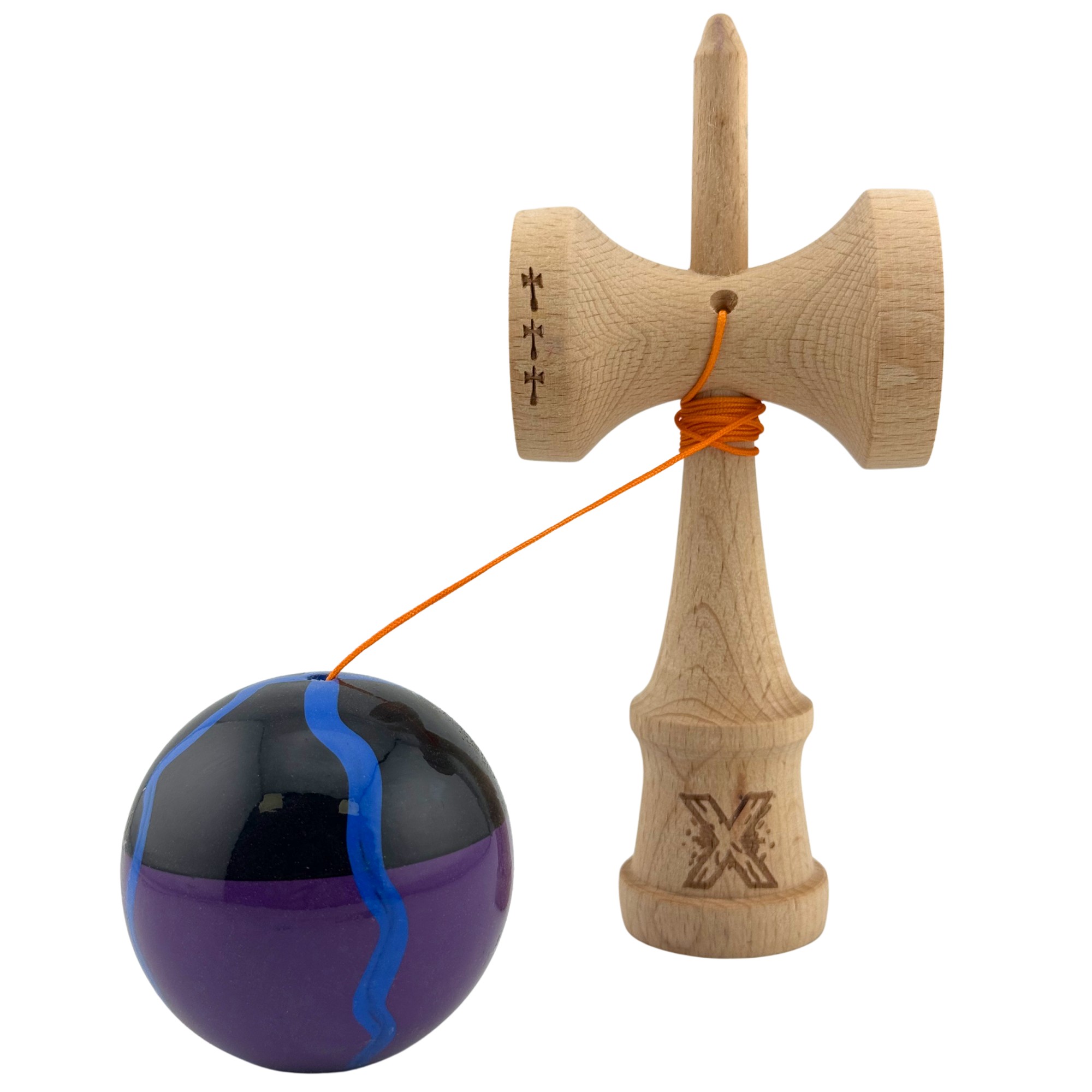 Kendama X Originala, Profesionala, Flippy, Big Cups V2, Super Sticky Cupe Mari, Rulment Metalic cu Ata 55 cm, Negru Mov cu Linii