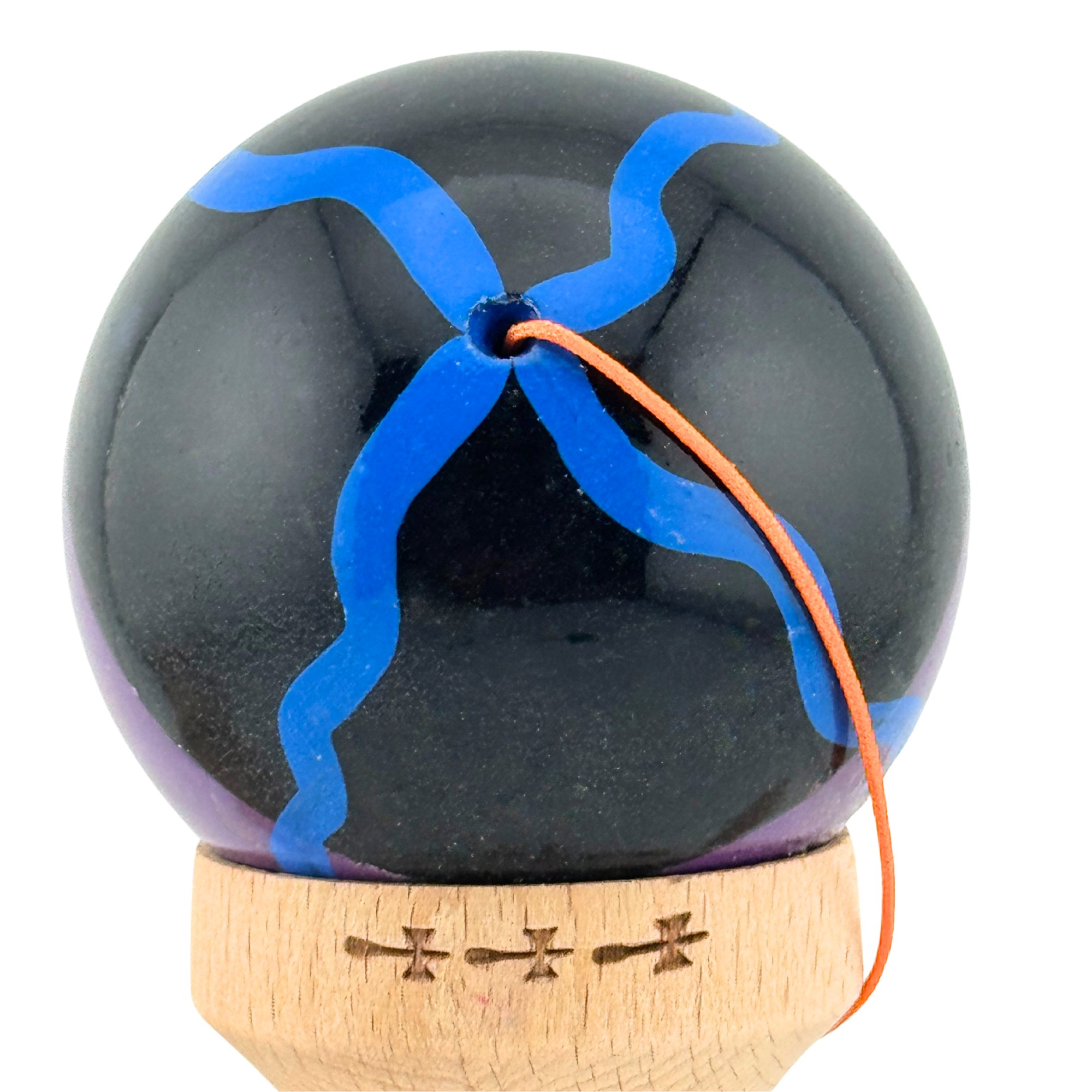 Kendama X Originala, Profesionala, Flippy, Big Cups V2, Super Sticky Cupe Mari, Rulment Metalic cu Ata 55 cm, Negru Mov cu Linii