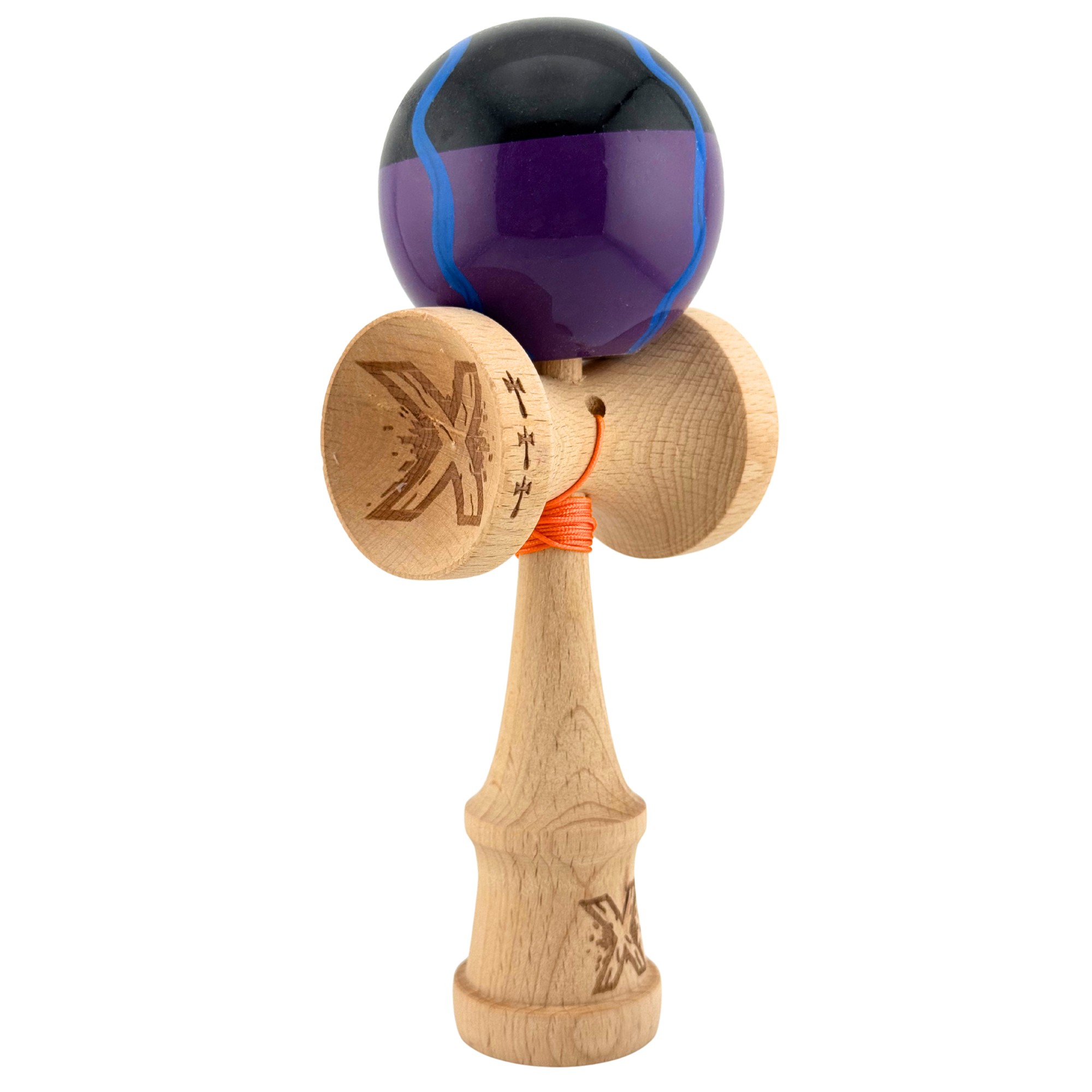 Kendama X Originala, Profesionala, Flippy, Big Cups V2, Super Sticky Cupe Mari, Rulment Metalic cu Ata 55 cm, Negru Mov cu Linii