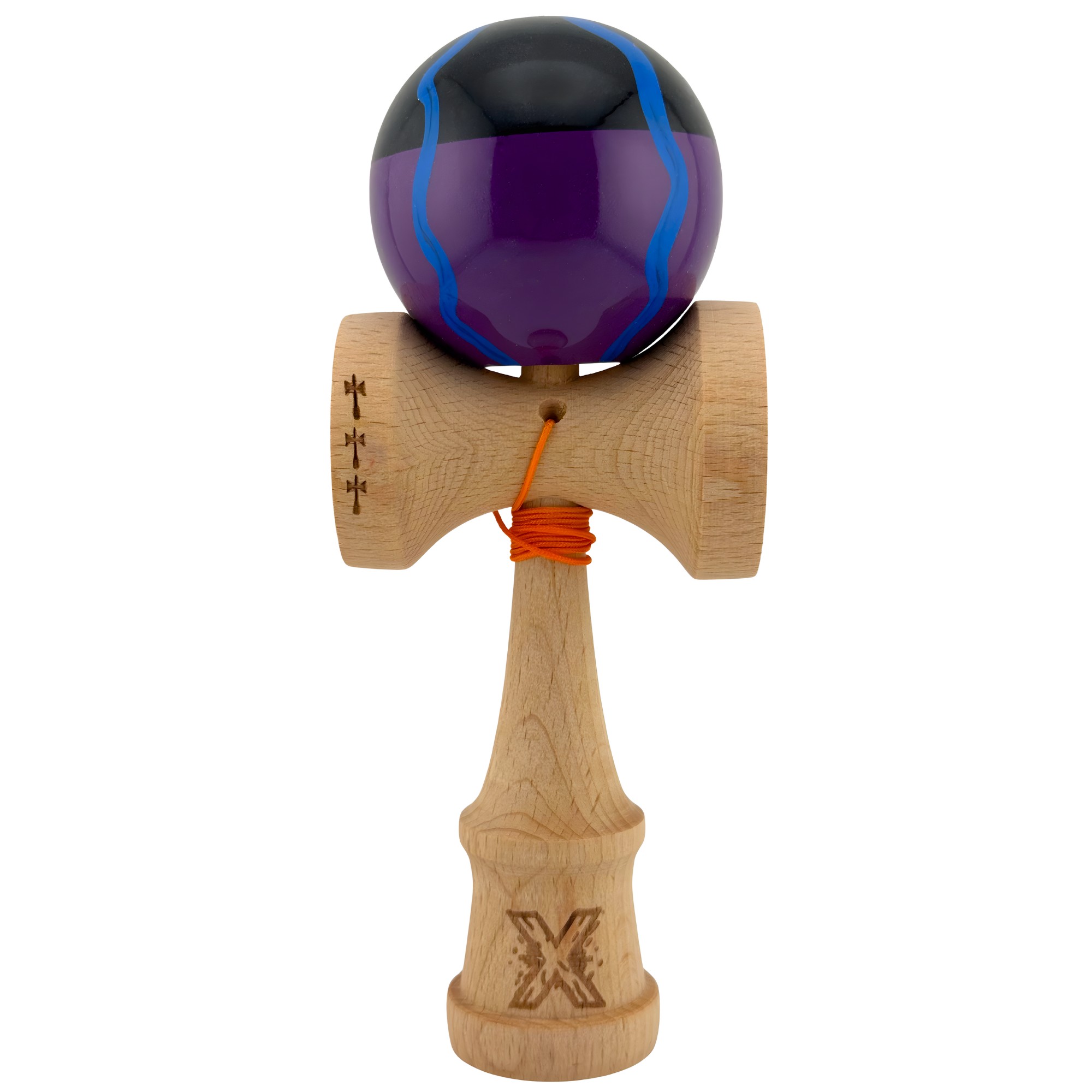 Kendama X Originala, Profesionala, Flippy, Big Cups V2, Super Sticky Cupe Mari, Rulment Metalic cu Ata 55 cm, Negru Mov cu Linii