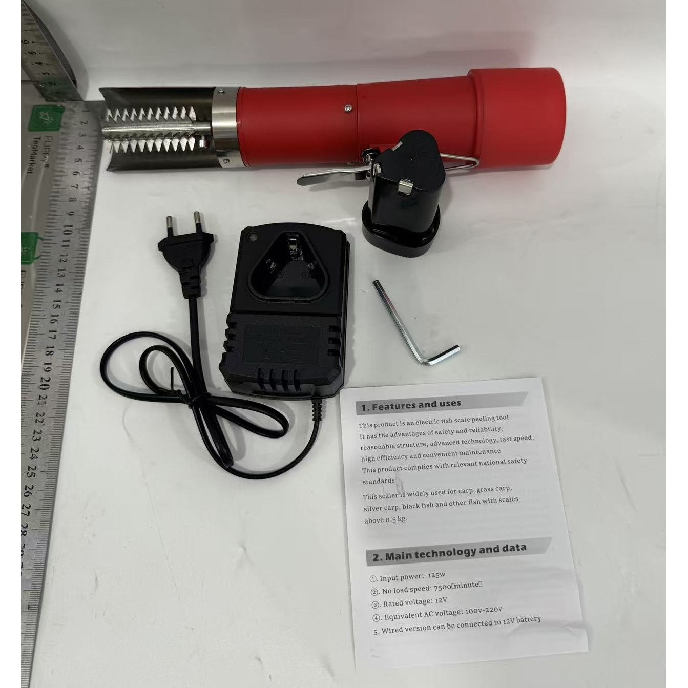 Dispozitiv Electric de Curatare Solzi Peste, Flippy, din Otel Inoxidabil, 28 x 5 cm, Rosu