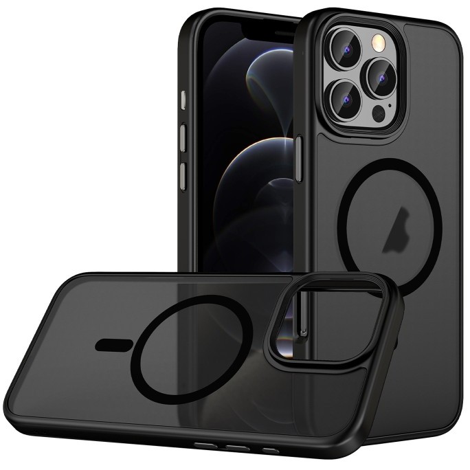 Husa de Protectie, Flippy, MagSafe Full Cover, pentru Apple iPhone 12/12 Pro, Frosted Acrylic Color Big Hole, Magnetica, Wireless, Negru