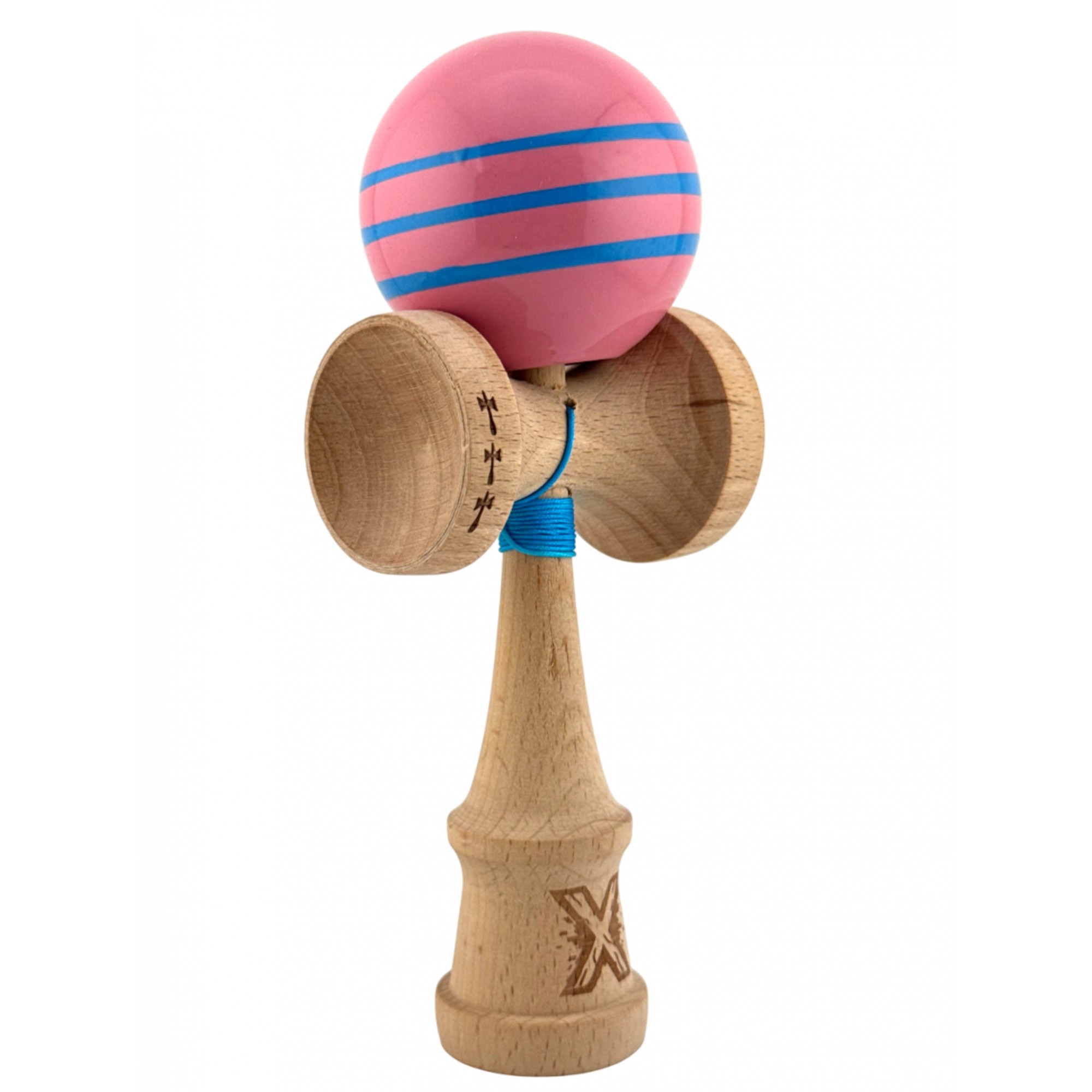 Kendama X Originala, Profesionala, Flippy, Big Cups V2, Super Sticky Legendary Cupe Mari, Rulment Metalic cu Ata 55 cm, Roz/Linii Albastre deschise
