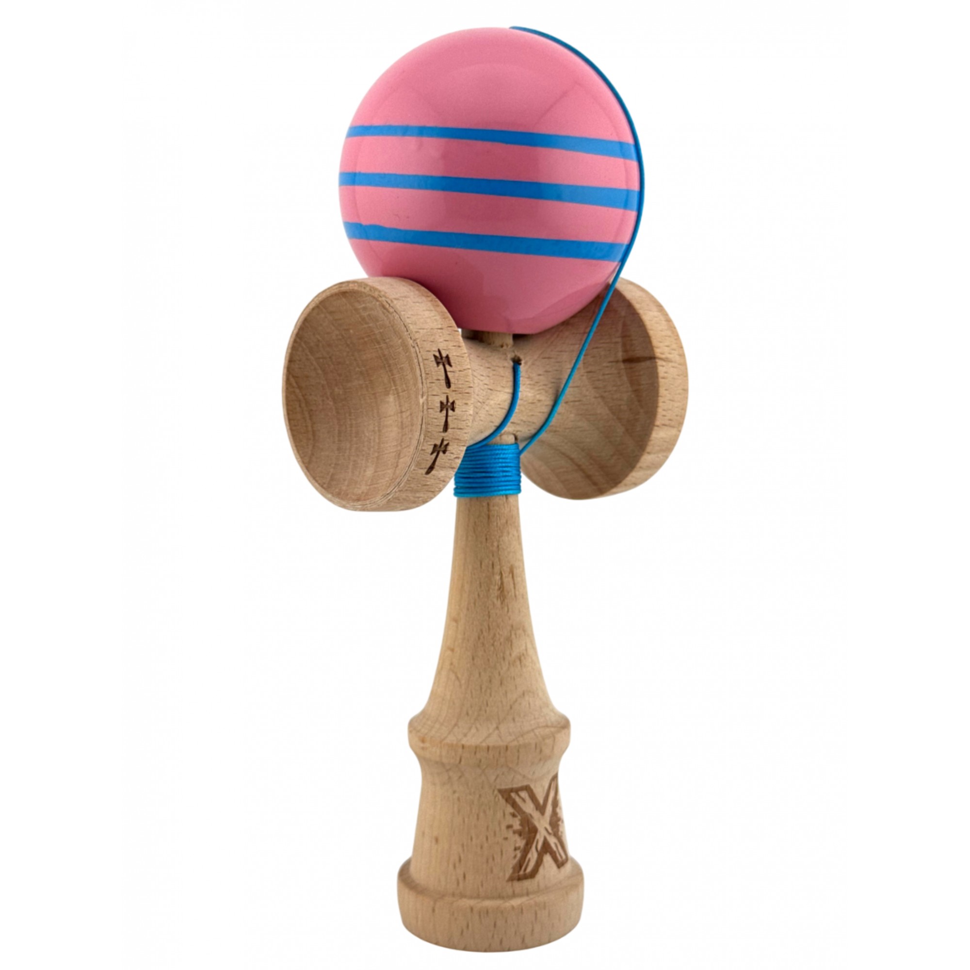 Kendama X Originala, Profesionala, Flippy, Big Cups V2, Super Sticky Legendary Cupe Mari, Rulment Metalic cu Ata 55 cm, Roz/Linii Albastre deschise