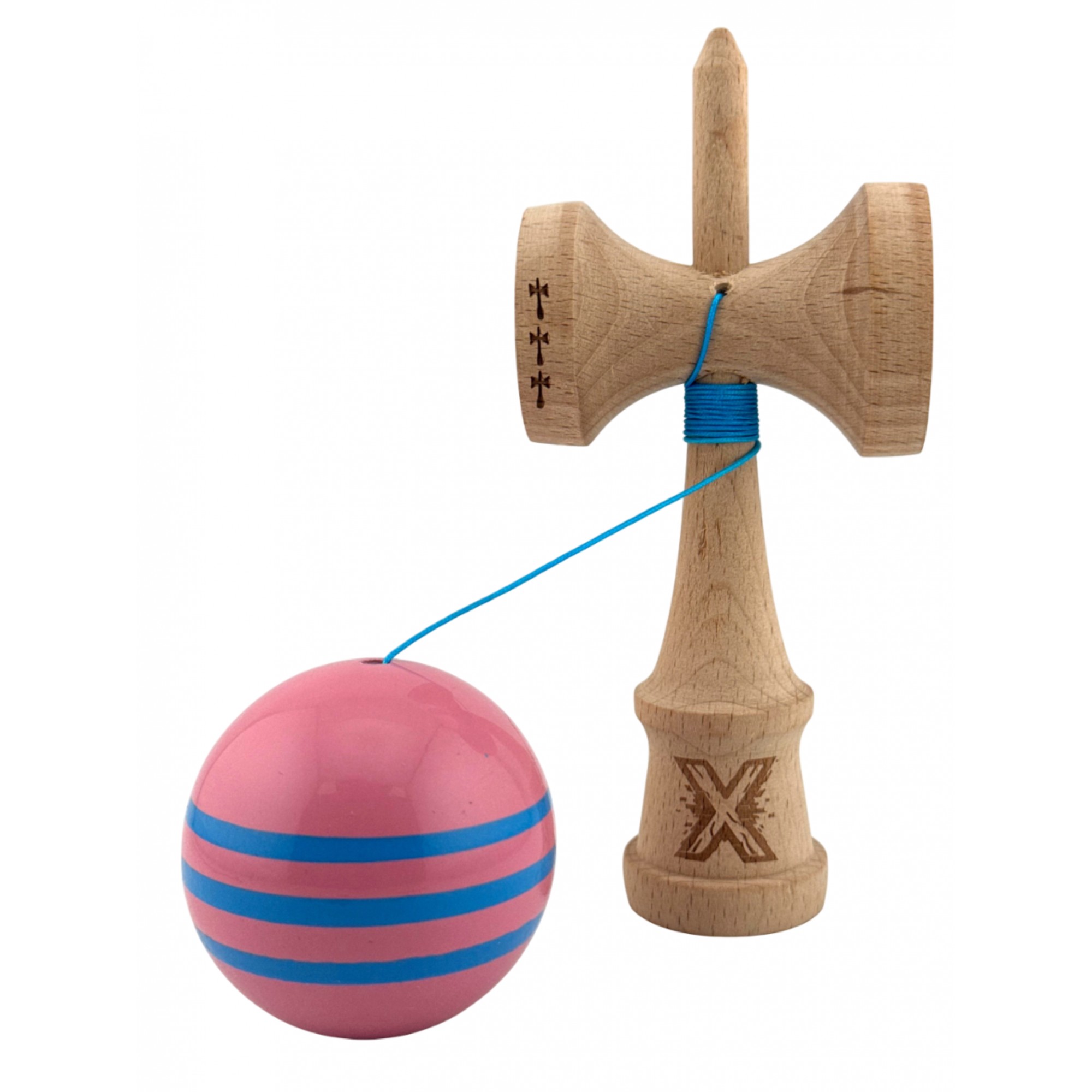 Kendama X Originala, Profesionala, Flippy, Big Cups V2, Super Sticky Legendary Cupe Mari, Rulment Metalic cu Ata 55 cm, Roz/Linii Albastre deschise