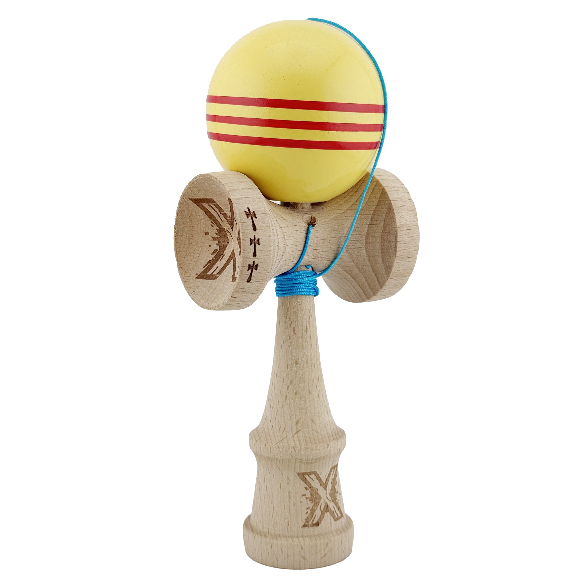 Kendama X Originala, Profesionala, Flippy, Big Cups V2, Super Sticky Legendary Cupe Mari, Rulment Metalic cu Ata 55 cm, Galben/Linii Rosii