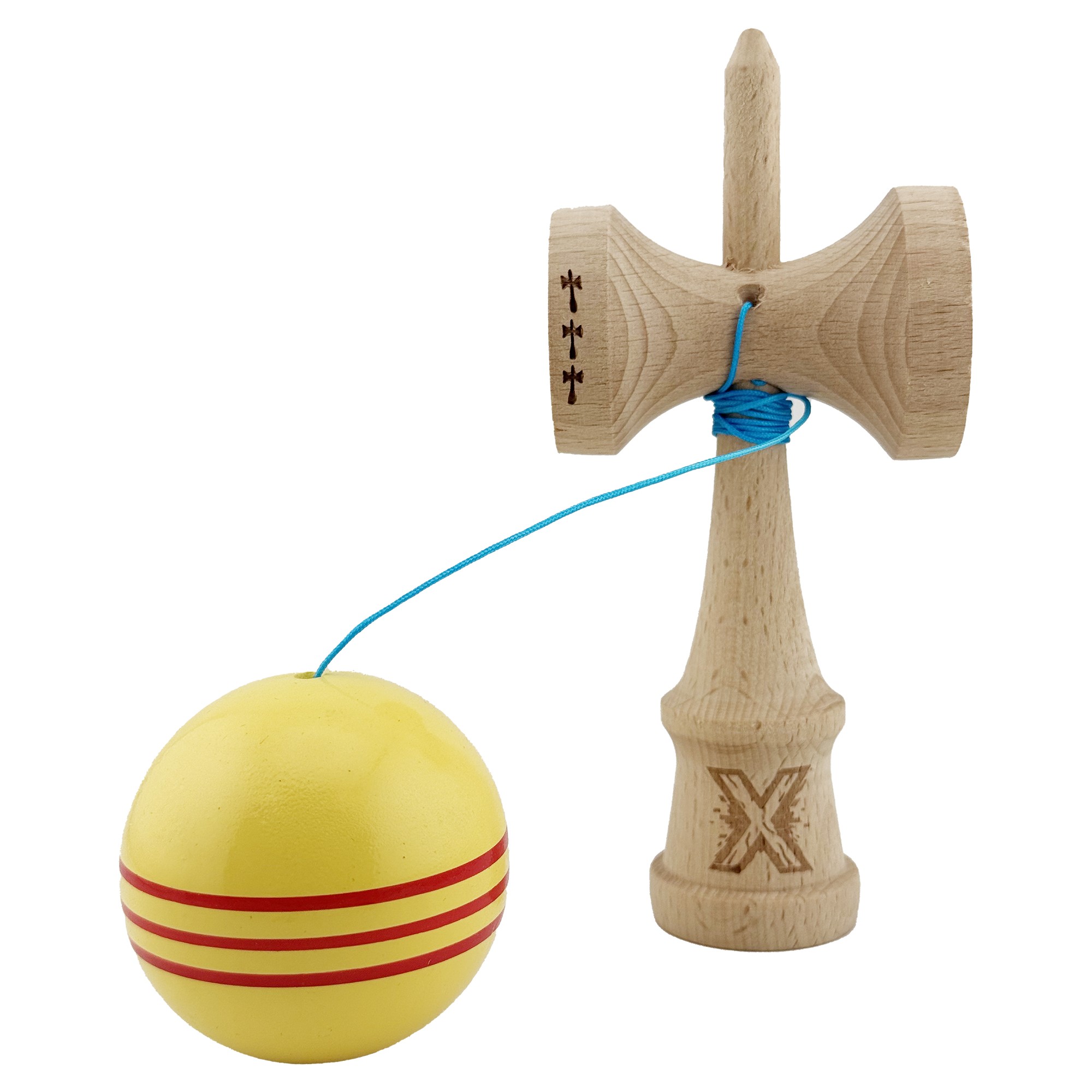 Kendama X Originala, Profesionala, Flippy, Big Cups V2, Super Sticky Legendary Cupe Mari, Rulment Metalic cu Ata 55 cm, Galben/Linii Rosii