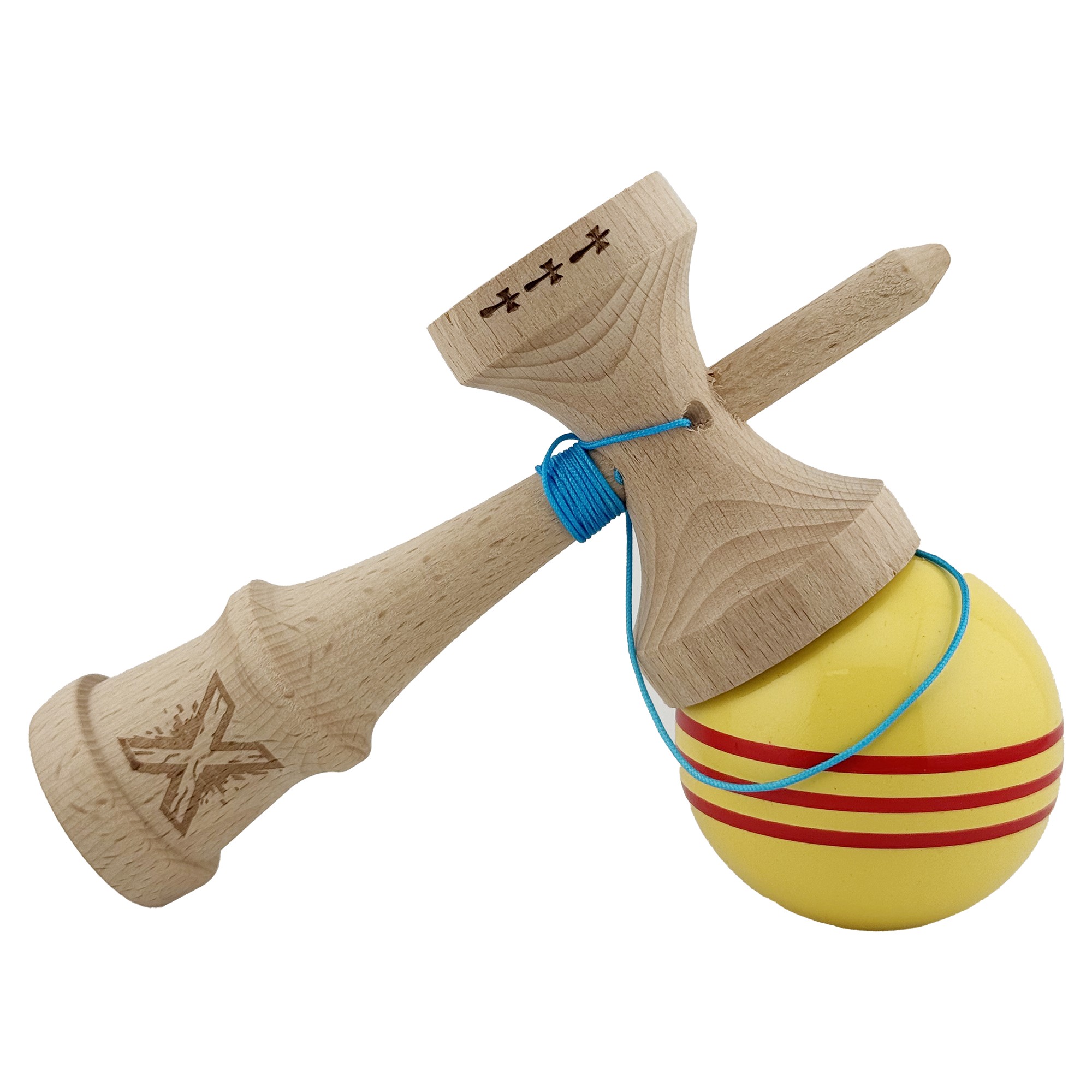 Kendama X Originala, Profesionala, Flippy, Big Cups V2, Super Sticky Legendary Cupe Mari, Rulment Metalic cu Ata 55 cm, Galben/Linii Rosii