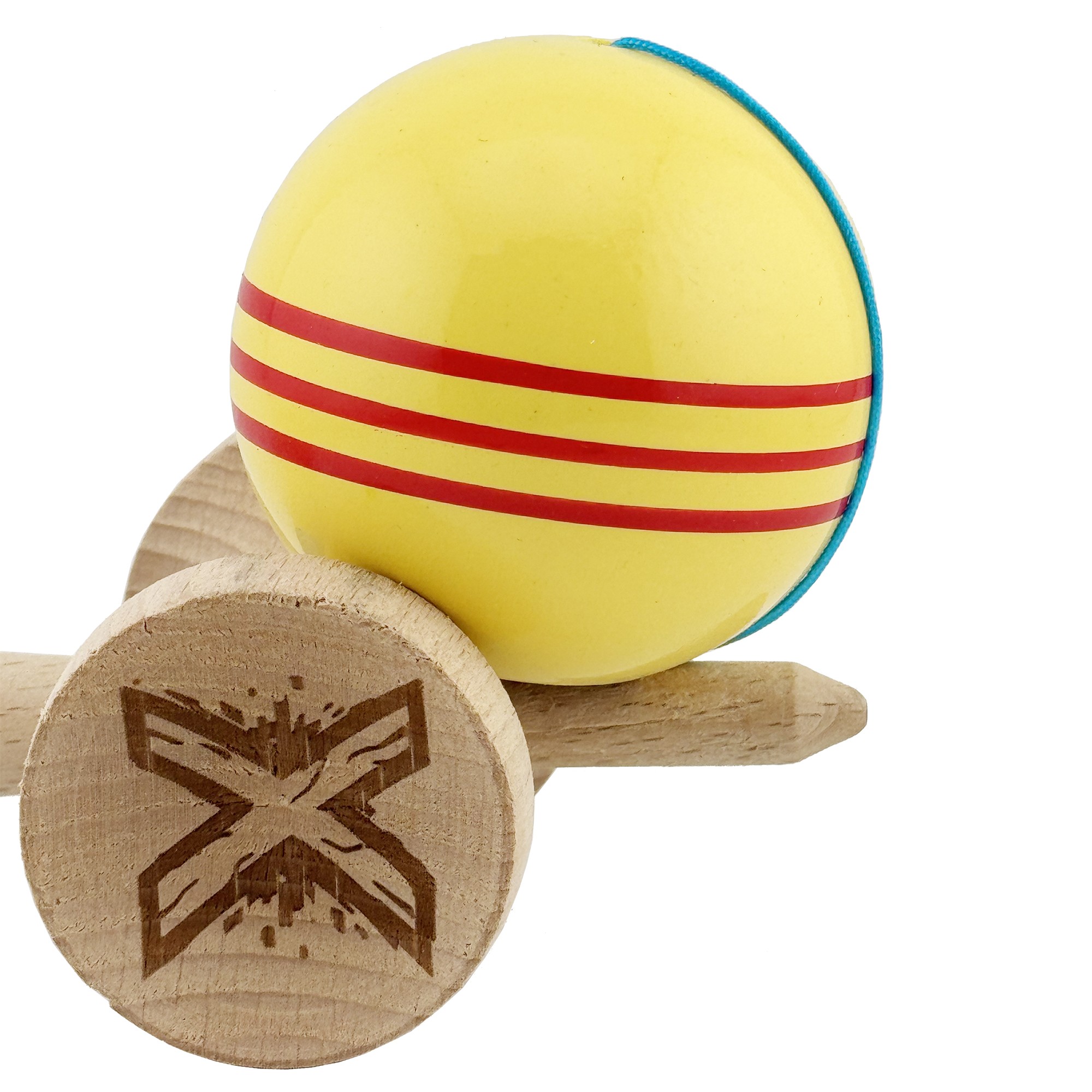 Kendama X Originala, Profesionala, Flippy, Big Cups V2, Super Sticky Legendary Cupe Mari, Rulment Metalic cu Ata 55 cm, Galben/Linii Rosii