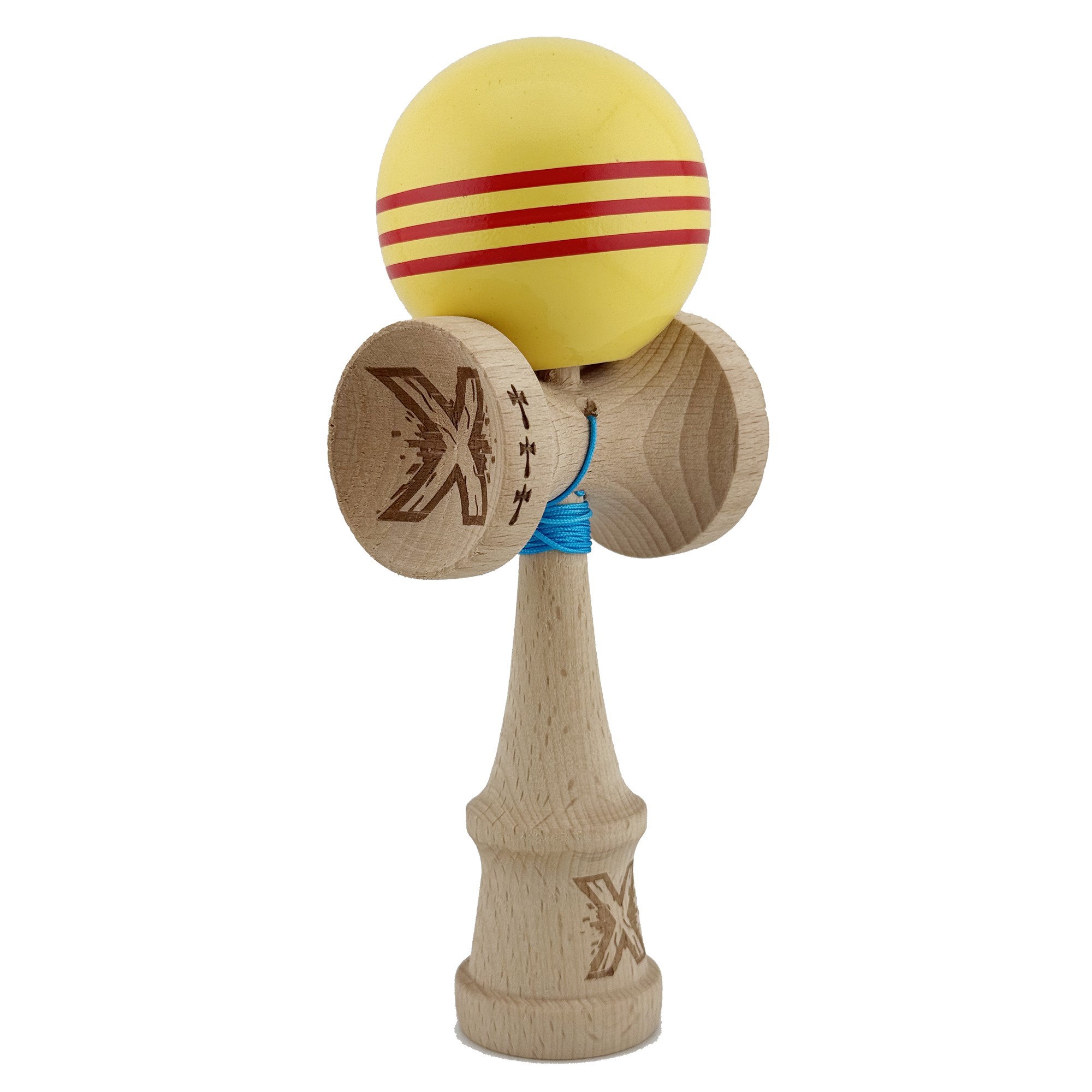 Kendama X Originala, Profesionala, Flippy, Big Cups V2, Super Sticky Legendary Cupe Mari, Rulment Metalic cu Ata 55 cm, Galben/Linii Rosii