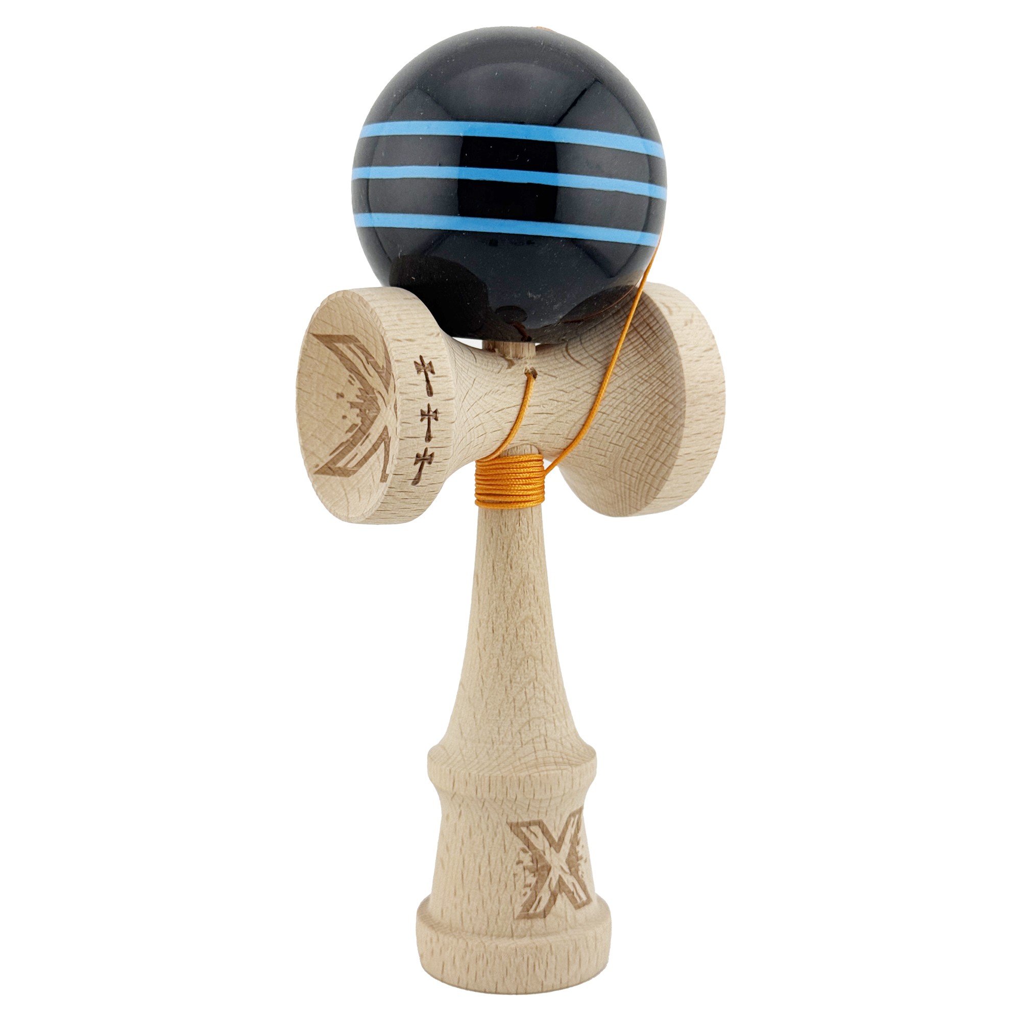 Kendama X Originala, Profesionala, Flippy, Big Cups V2, Super Sticky Legendary Cupe Mari, Rulment Metalic cu Ata 55 cm, Negru/Linii Albastre deschise