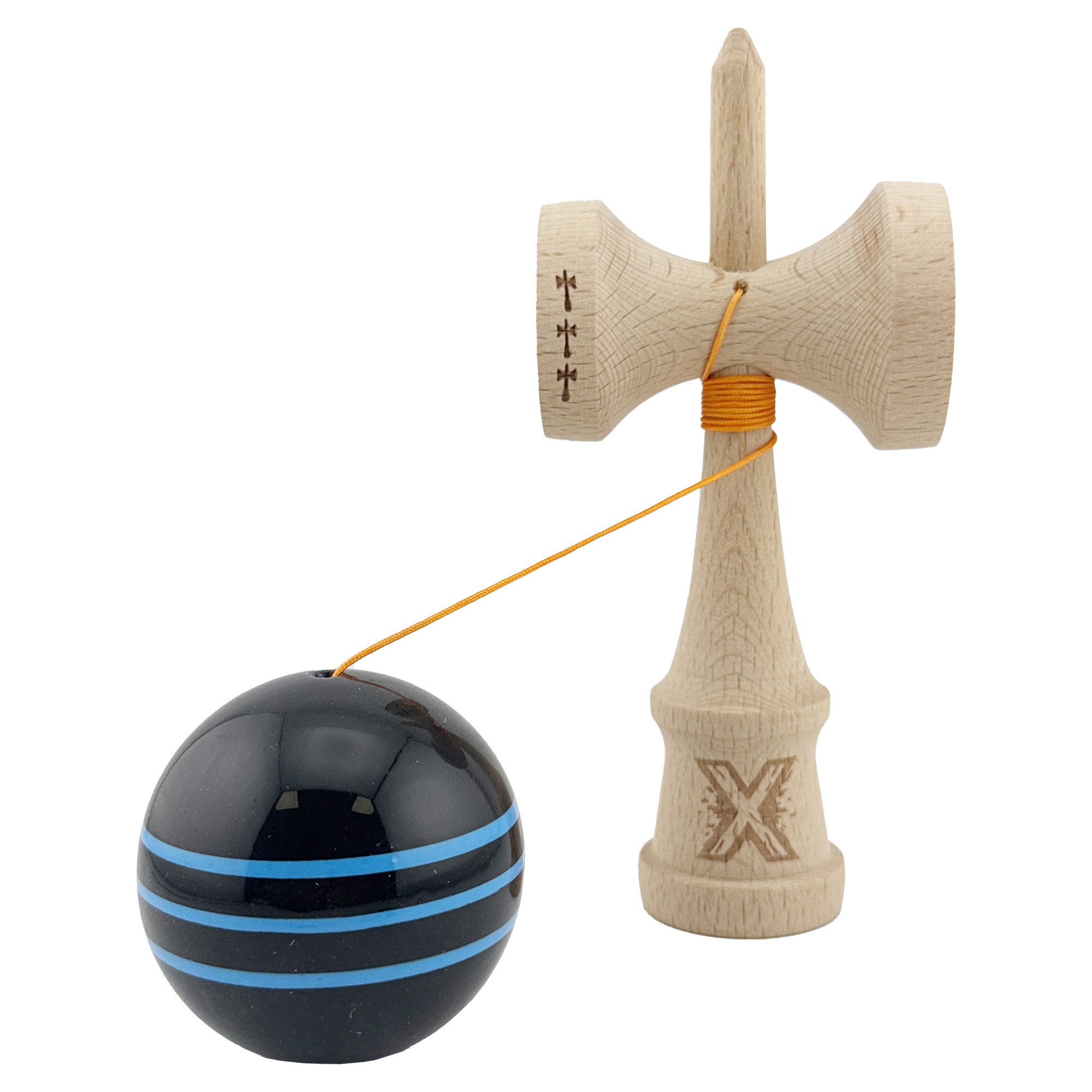 Kendama X Originala, Profesionala, Flippy, Big Cups V2, Super Sticky Legendary Cupe Mari, Rulment Metalic cu Ata 55 cm, Negru/Linii Albastre deschise