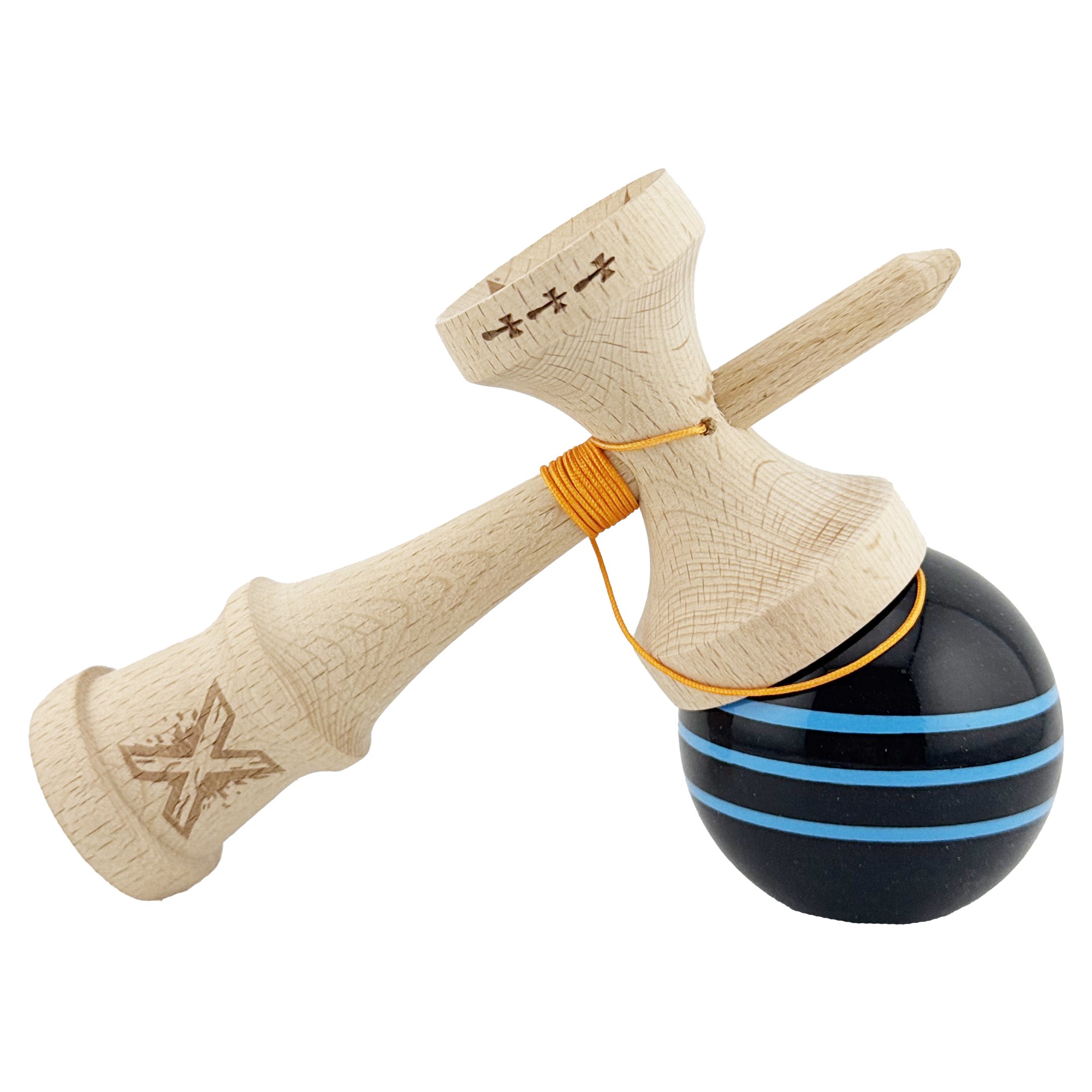 Kendama X Originala, Profesionala, Flippy, Big Cups V2, Super Sticky Legendary Cupe Mari, Rulment Metalic cu Ata 55 cm, Negru/Linii Albastre deschise