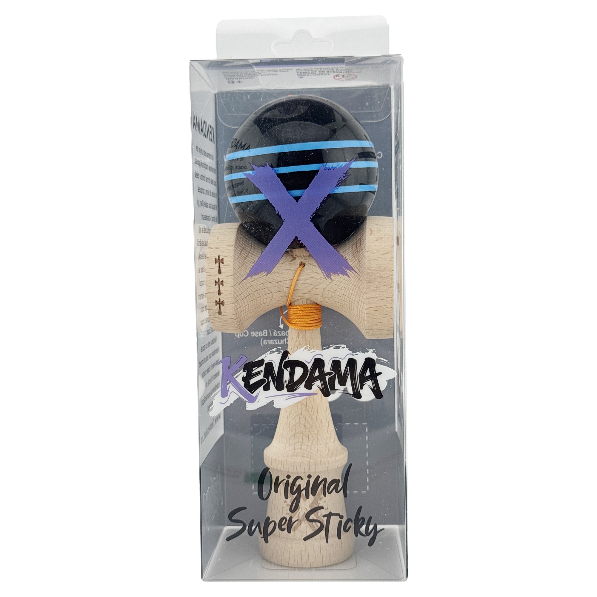 Kendama X Originala, Profesionala, Flippy, Big Cups V2, Super Sticky Legendary Cupe Mari, Rulment Metalic cu Ata 55 cm, Negru/Linii Albastre deschise