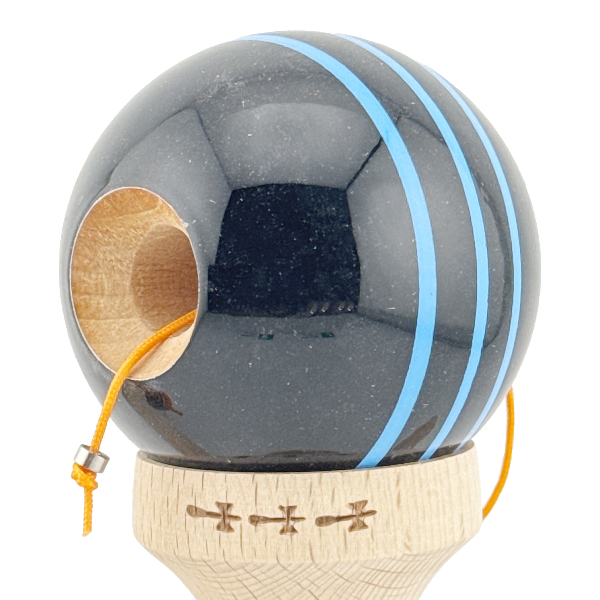 Kendama X Originala, Profesionala, Flippy, Big Cups V2, Super Sticky Legendary Cupe Mari, Rulment Metalic cu Ata 55 cm, Negru/Linii Albastre deschise