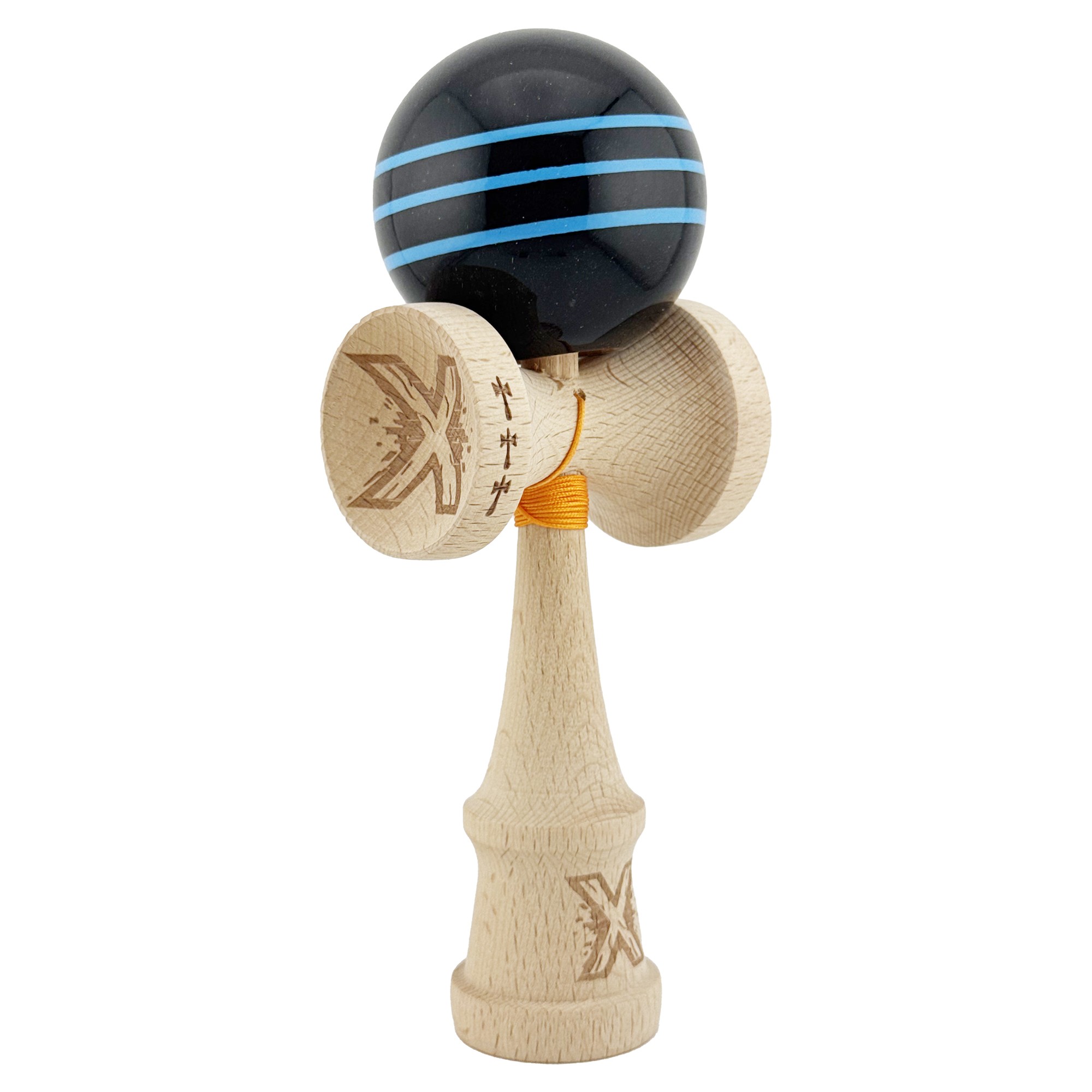 Kendama X Originala, Profesionala, Flippy, Big Cups V2, Super Sticky Legendary Cupe Mari, Rulment Metalic cu Ata 55 cm, Negru/Linii Albastre deschise