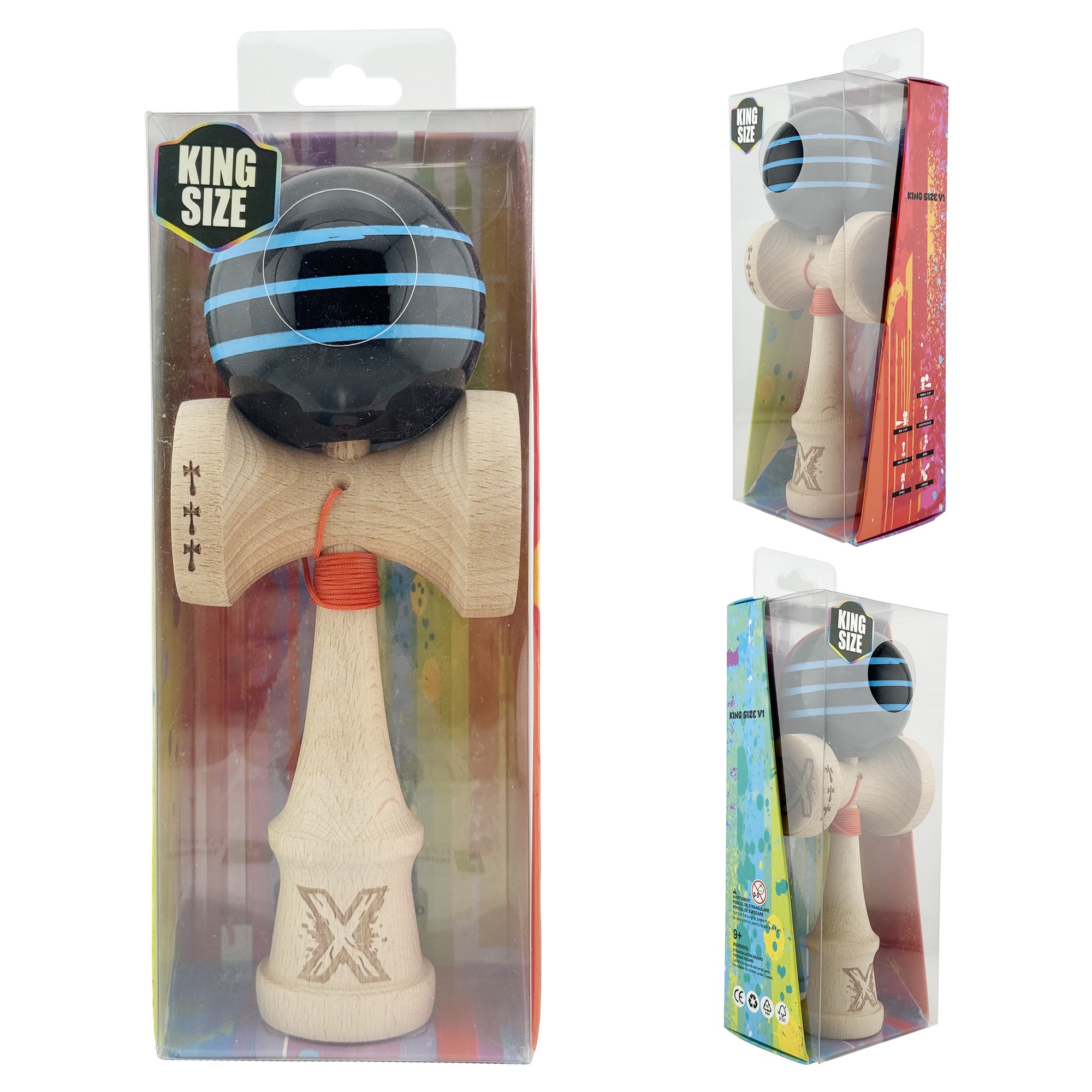 Kendama X Originala, Profesionala, Flippy, Big Cups V2, Super Sticky Legendary Cupe Mari, Rulment Metalic cu Ata 55 cm, Negru/Linii Albastre deschise