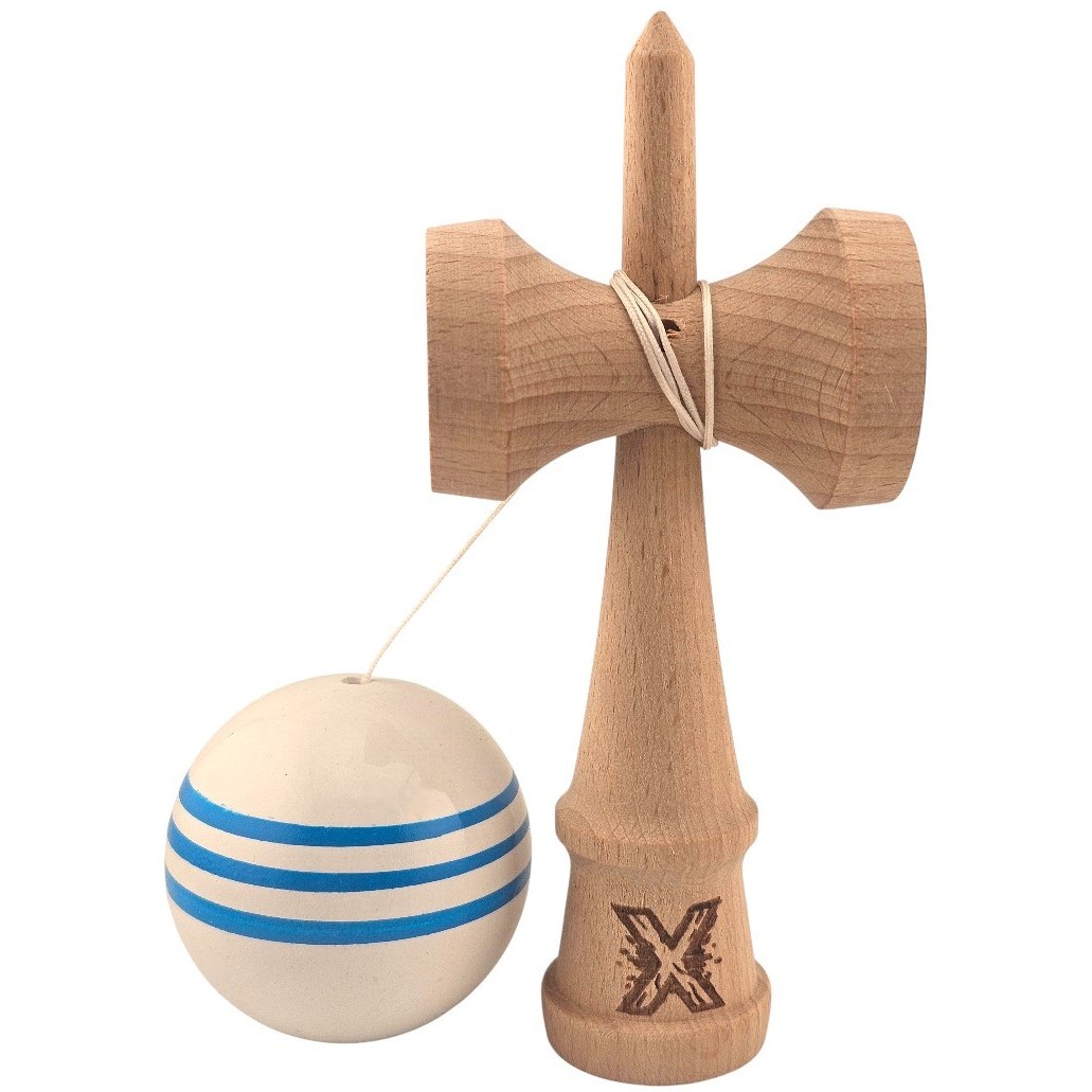 Kendama X Originala, Profesionala, Flippy, Original Super Sticky, din Lemn, 18 cm, Dark Alb/Albastru