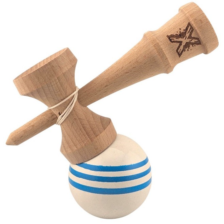 Kendama X Originala, Profesionala, Flippy, Original Super Sticky, din Lemn, 18 cm, Dark Alb/Albastru