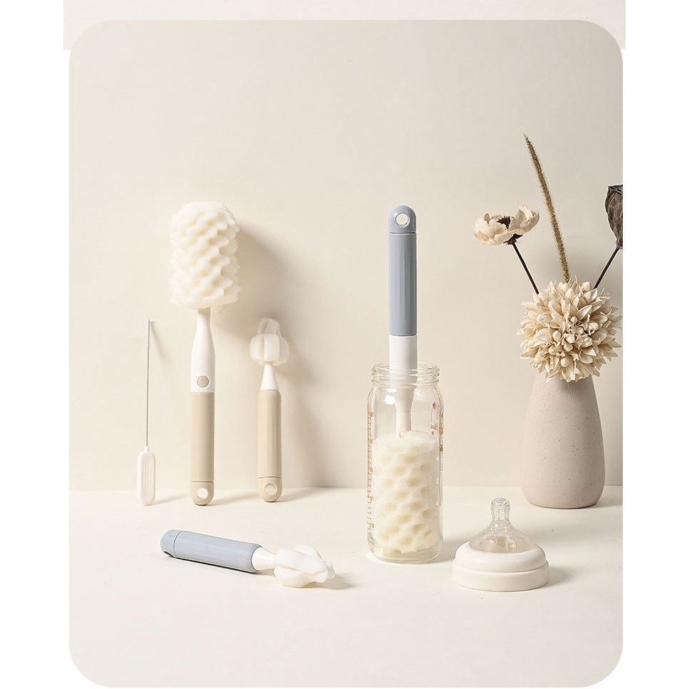 Set 3 Perii de Spalat Biberoane, Flippy, pentru Tetina, Biberon, Pai, Materiale Sigure, fara BPA, Curatare 360°, Gri