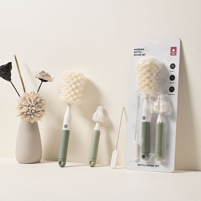 Set 3 Perii de Spalat Biberoane, Flippy, pentru Tetina, Biberon, Pai, Materiale Sigure, fara BPA, Curatare 360°, Verde