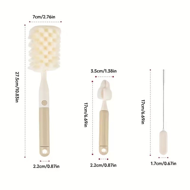 Set 3 Perii de Spalat Biberoane, Flippy, pentru Tetina, Biberon, Pai, Materiale Sigure, fara BPA, Curatare 360°, Bej