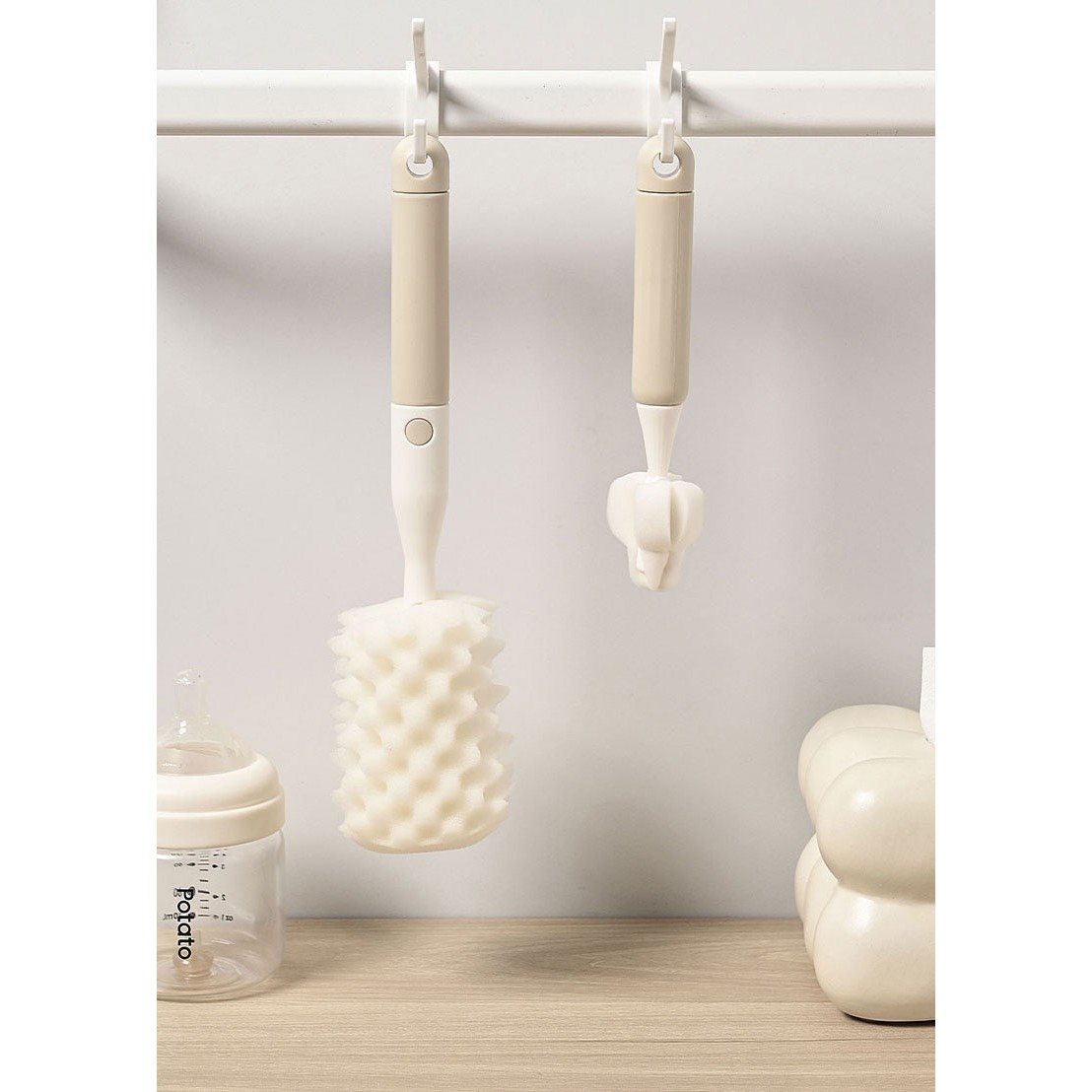 Set 3 Perii de Spalat Biberoane, Flippy, pentru Tetina, Biberon, Pai, Materiale Sigure, fara BPA, Curatare 360°, Bej