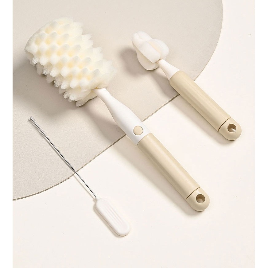 Set 3 Perii de Spalat Biberoane, Flippy, pentru Tetina, Biberon, Pai, Materiale Sigure, fara BPA, Curatare 360°, Bej