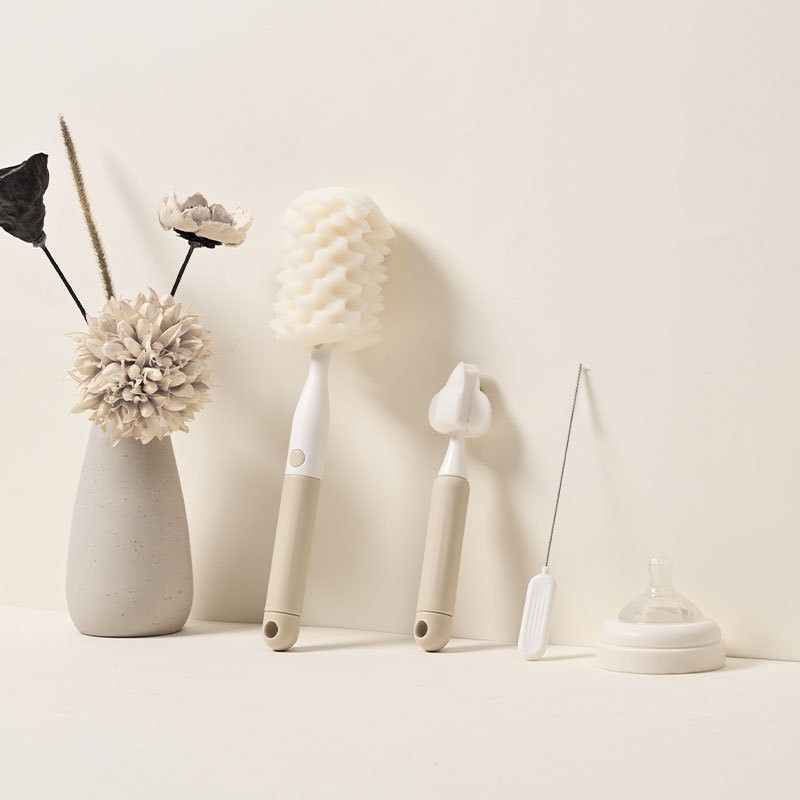 Set 3 Perii de Spalat Biberoane, Flippy, pentru Tetina, Biberon, Pai, Materiale Sigure, fara BPA, Curatare 360°, Bej