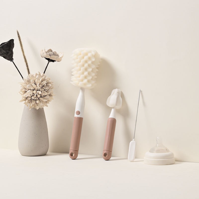 Set 3 Perii de Spalat Biberoane, Flippy, pentru Tetina, Biberon, Pai, Materiale Sigure, fara BPA, Curatare 360°, Roz