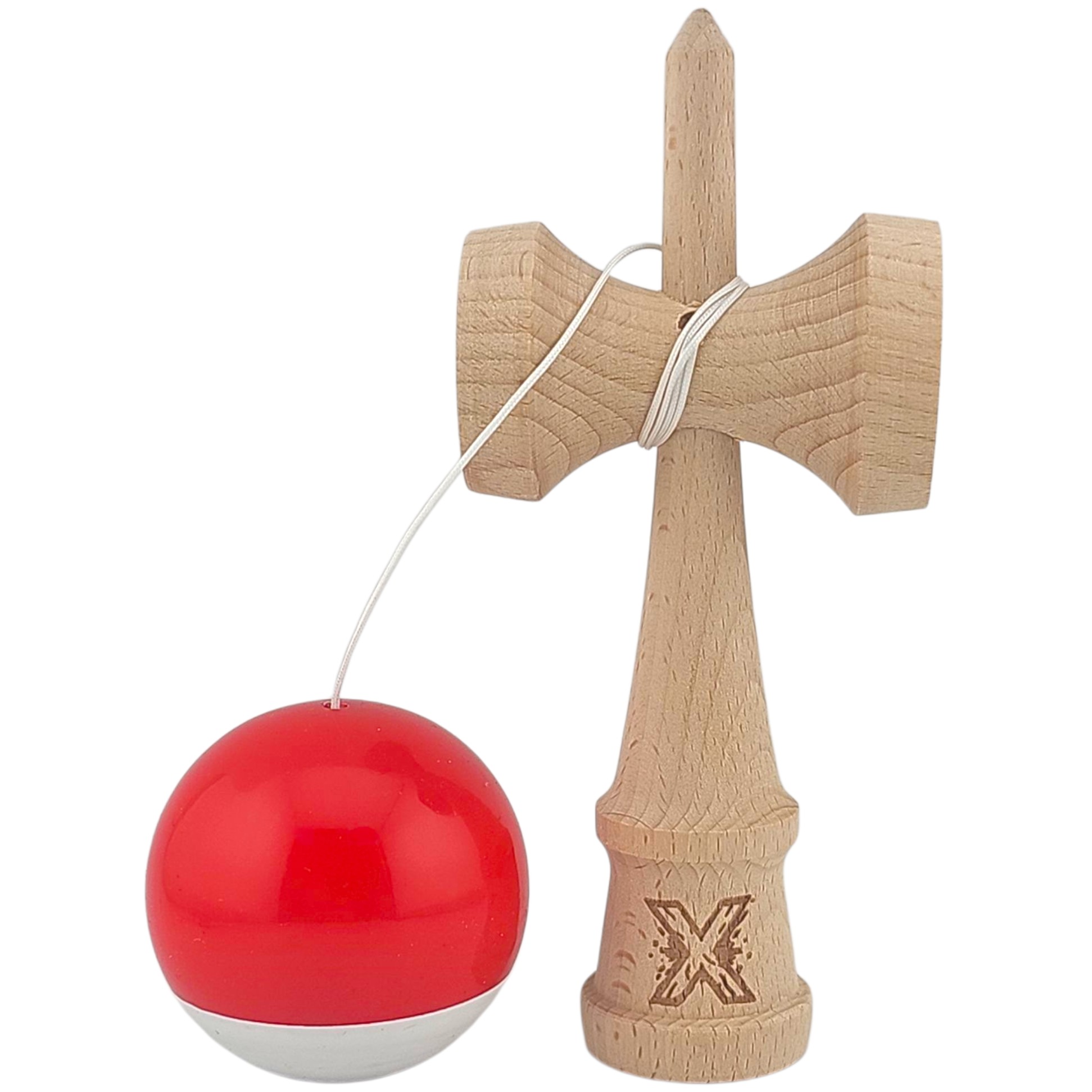 Kendama X Originala, Profesionala, Flippy, Super Sticky, din Lemn, 18 cm, Rosu/Alb