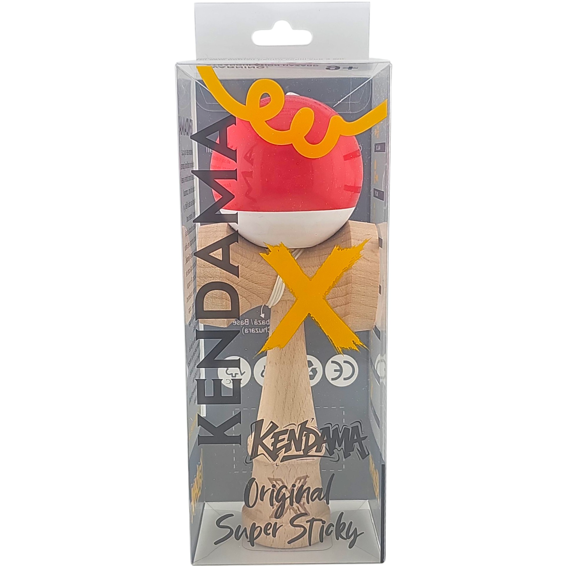 Kendama X Originala, Profesionala, Flippy, Super Sticky, din Lemn, 18 cm, Rosu/Alb