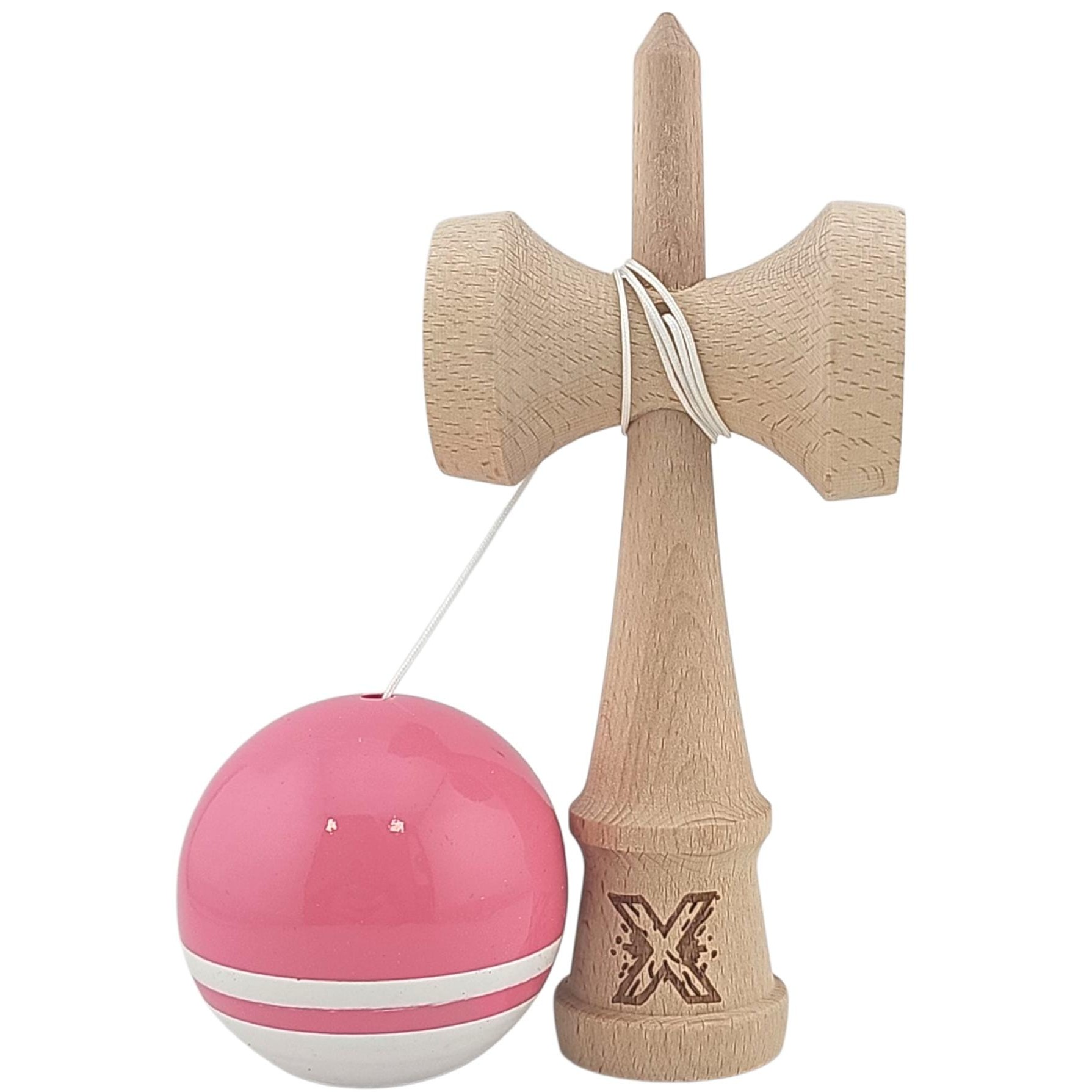 Jucarie Kendama X Originala, Profesionala, Flippy, Super Sticky din Lemn, 18 cm, pentru Copii si Adulti, Roz/Alb