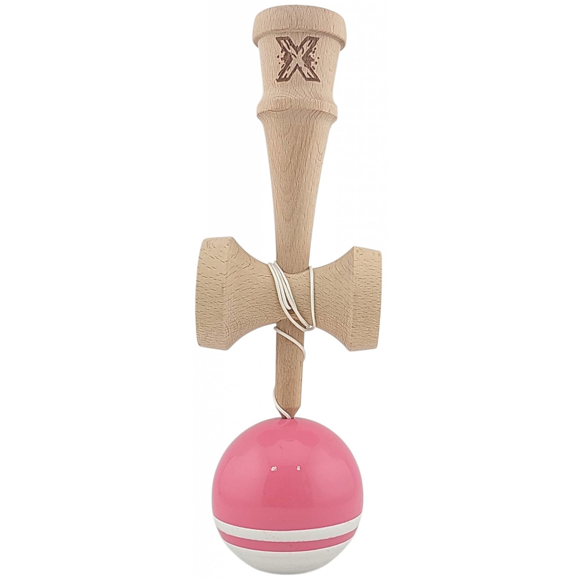 Jucarie Kendama X Originala, Profesionala, Flippy, Super Sticky din Lemn, 18 cm, pentru Copii si Adulti, Roz/Alb