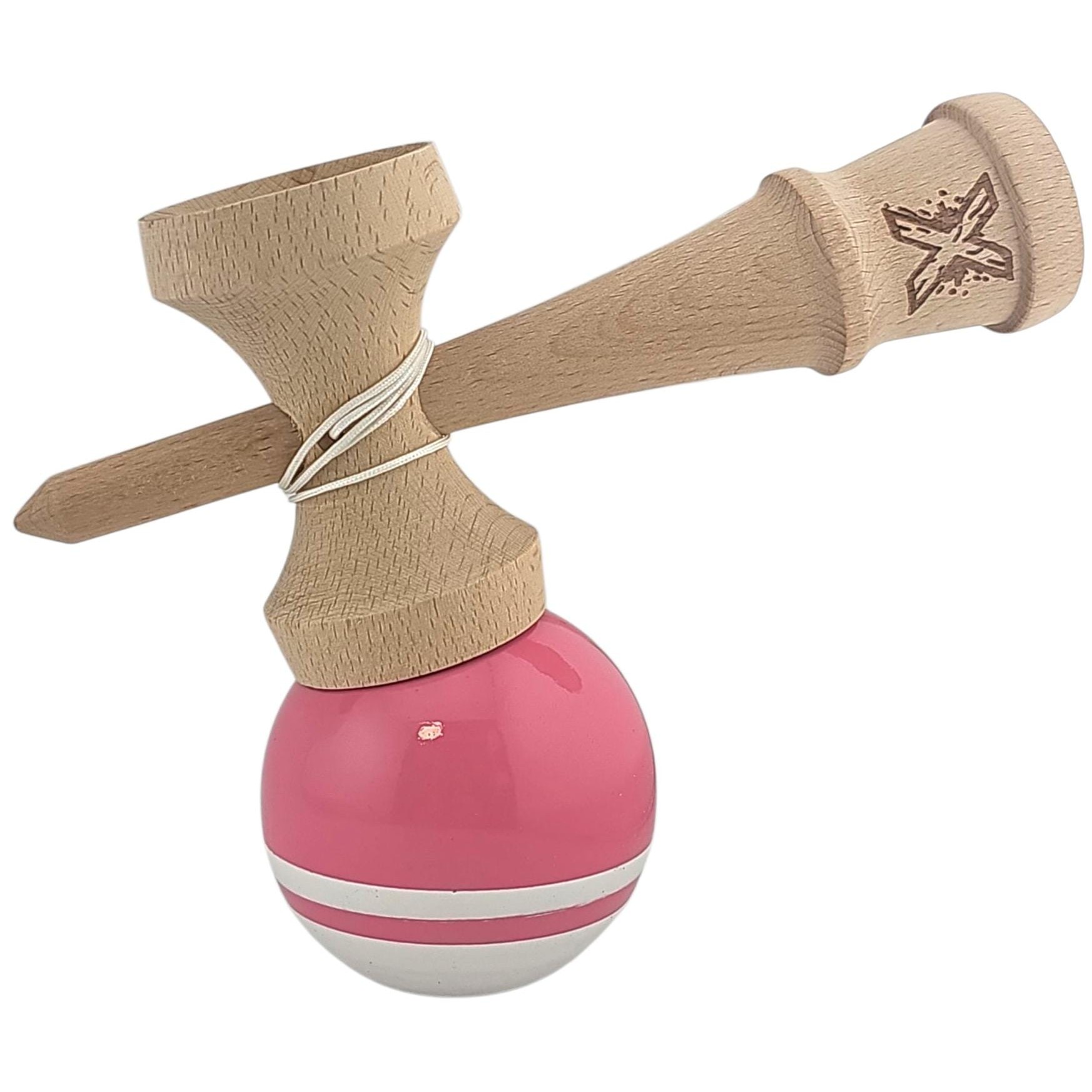 Jucarie Kendama X Originala, Profesionala, Flippy, Super Sticky din Lemn, 18 cm, pentru Copii si Adulti, Roz/Alb