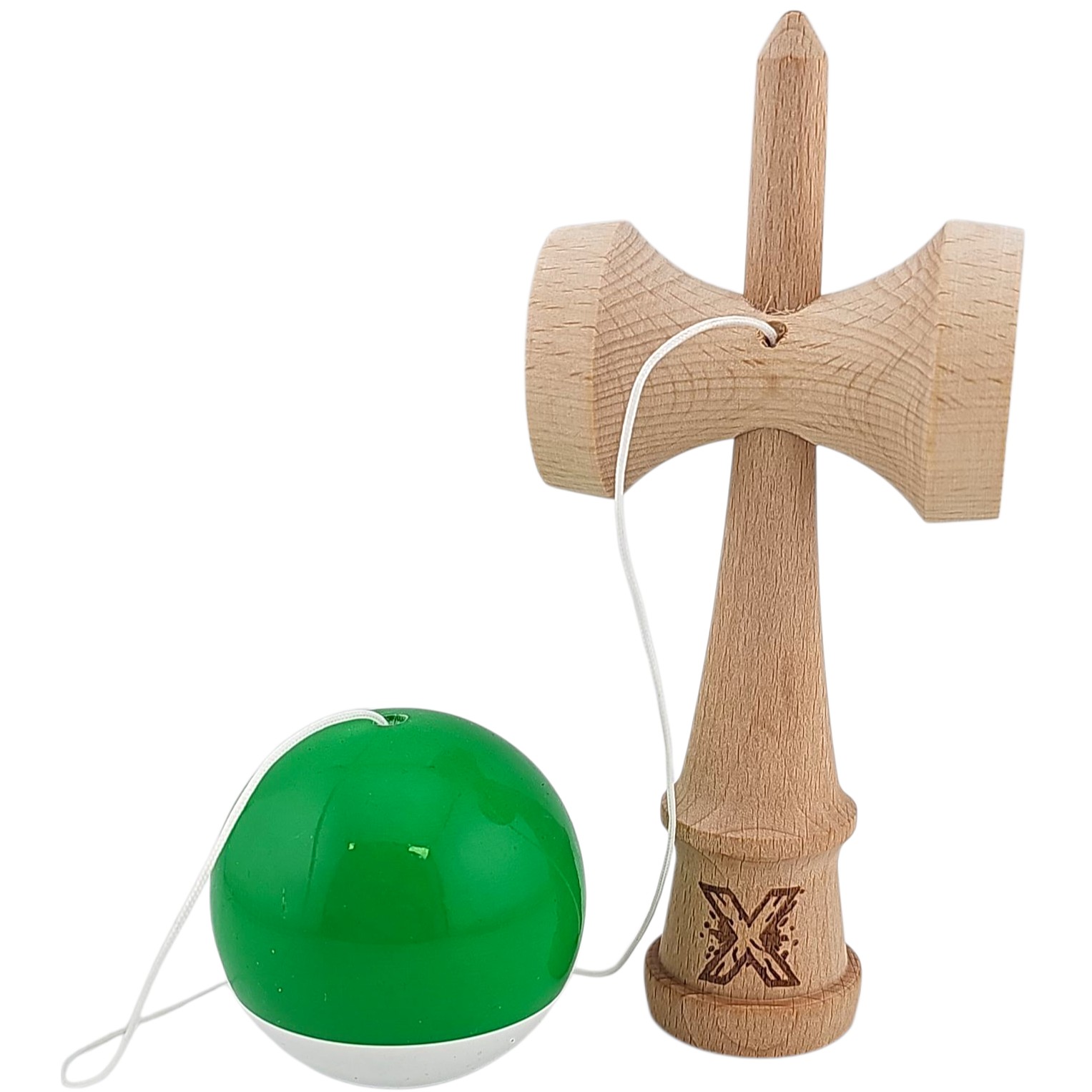 Jucarie Kendama X Originala, Profesionala, Flippy, Super Sticky din Lemn, 18 cm, pentru Copii si Adulti, Verde inchis/Alb