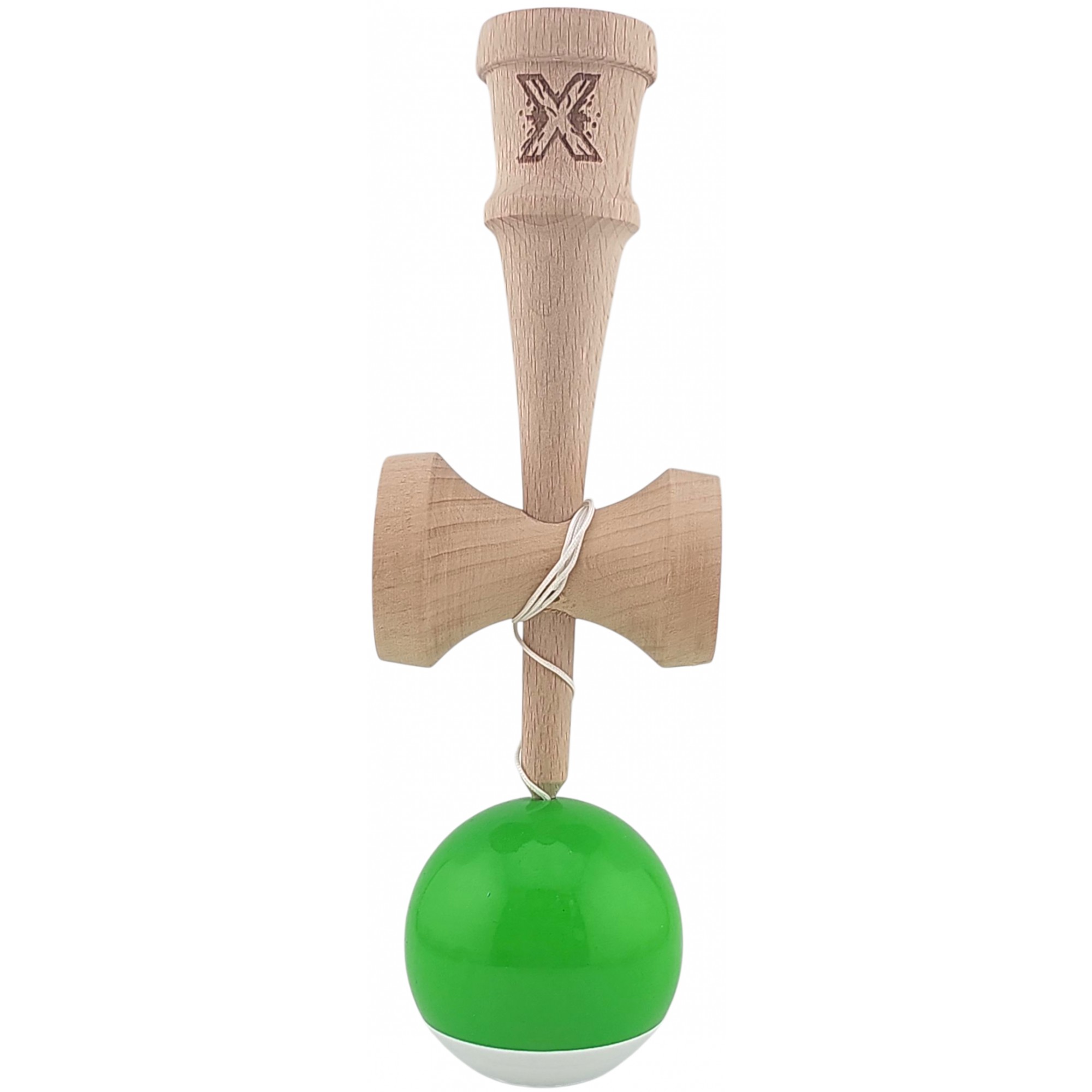 Kendama X Originala, Profesionala, Flippy, Super Sticky din Lemn, 18 cm, Verde/Alb