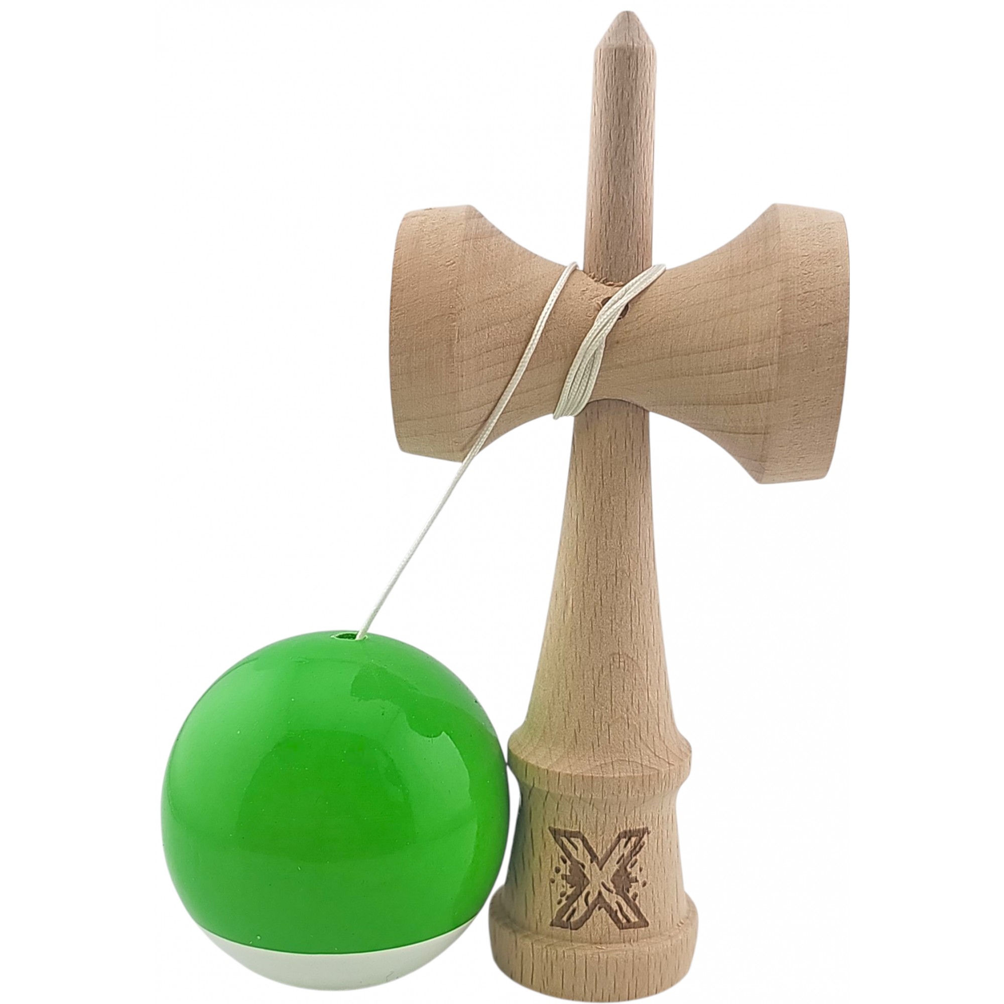Kendama X Originala, Profesionala, Flippy, Super Sticky din Lemn, 18 cm, Verde/Alb