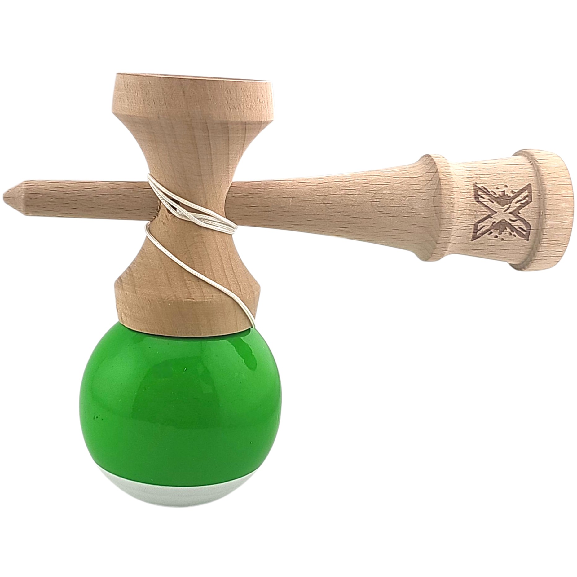 Kendama X Originala, Profesionala, Flippy, Super Sticky din Lemn, 18 cm, Verde/Alb