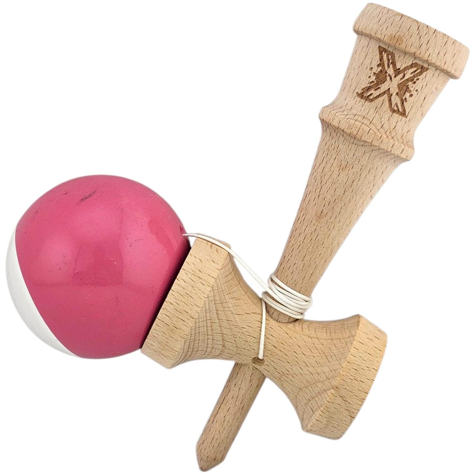 Kendama X Originala, Profesionala, Flippy, Rubber Grip, din Lemn, 18 cm,  Roz/Gri