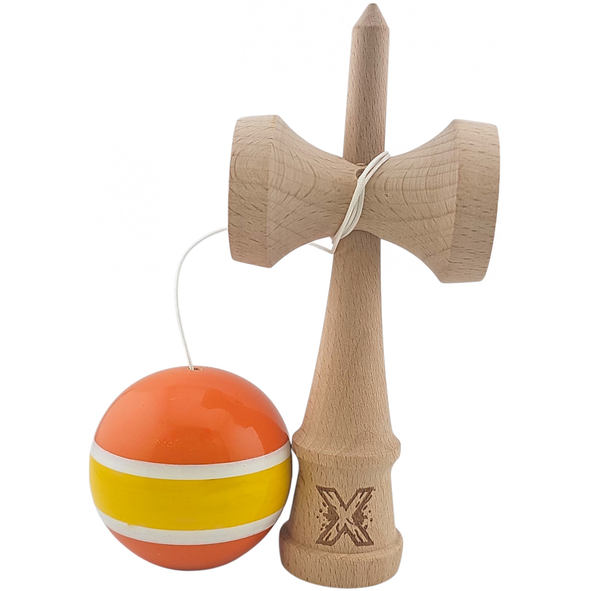 Kendama X Originala, Profesionala, Flippy, Super Sticky din Lemn, 18 cm, Portocaliu/Galben/Alb