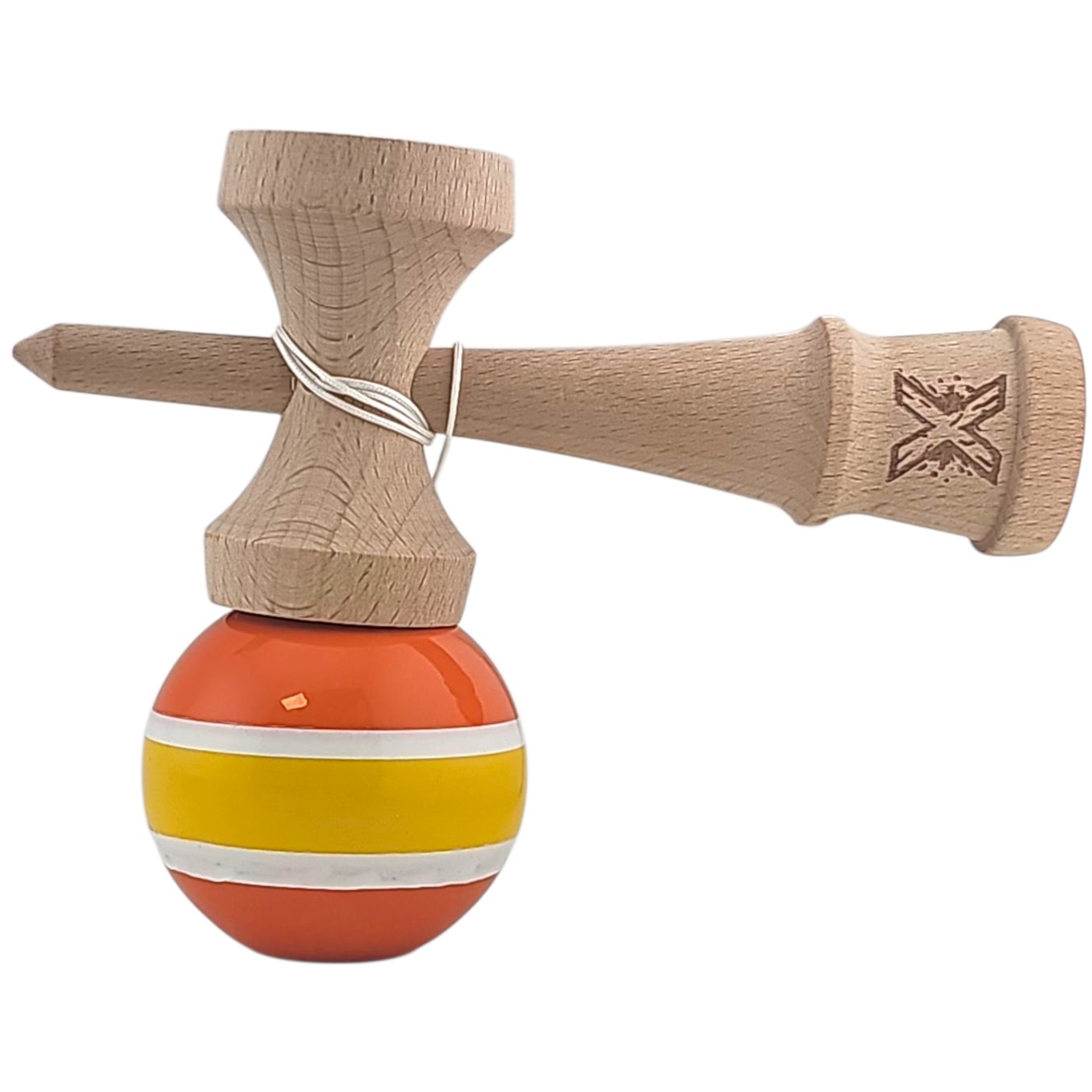 Kendama X Originala, Profesionala, Flippy, Super Sticky din Lemn, 18 cm, Portocaliu/Galben/Alb