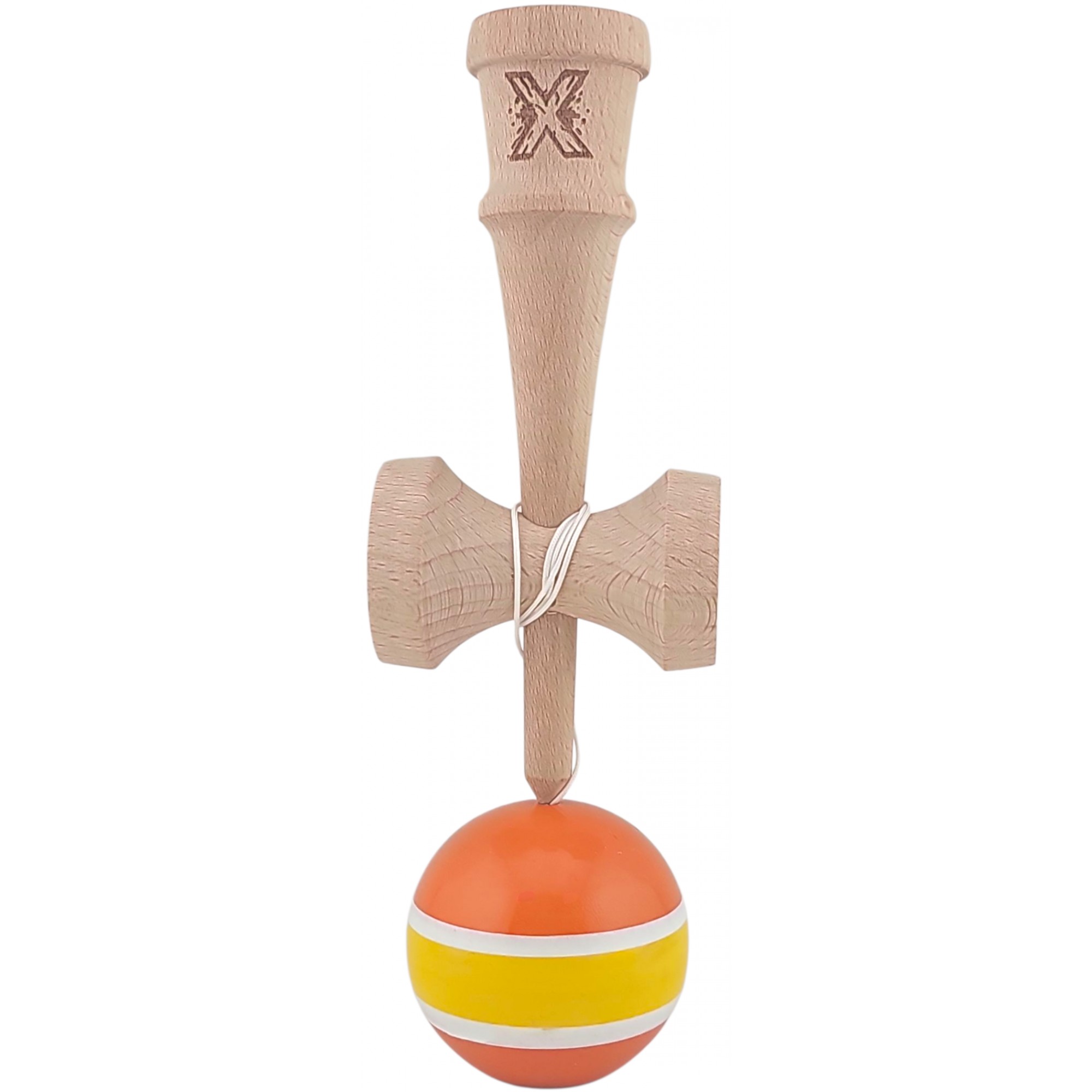 Kendama X Originala, Profesionala, Flippy, Super Sticky din Lemn, 18 cm, Portocaliu/Galben/Alb