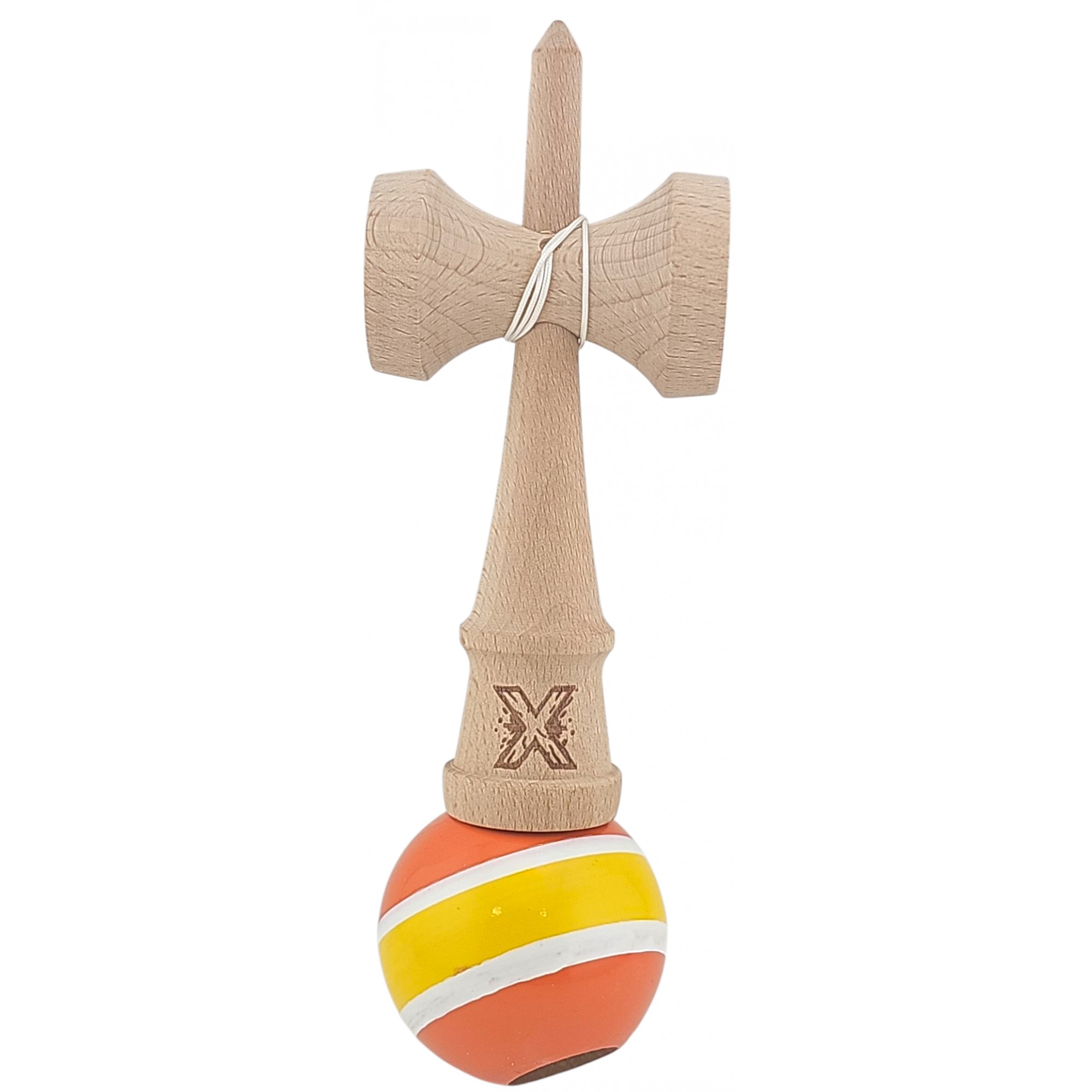 Kendama X Originala, Profesionala, Flippy, Super Sticky din Lemn, 18 cm, Portocaliu/Galben/Alb